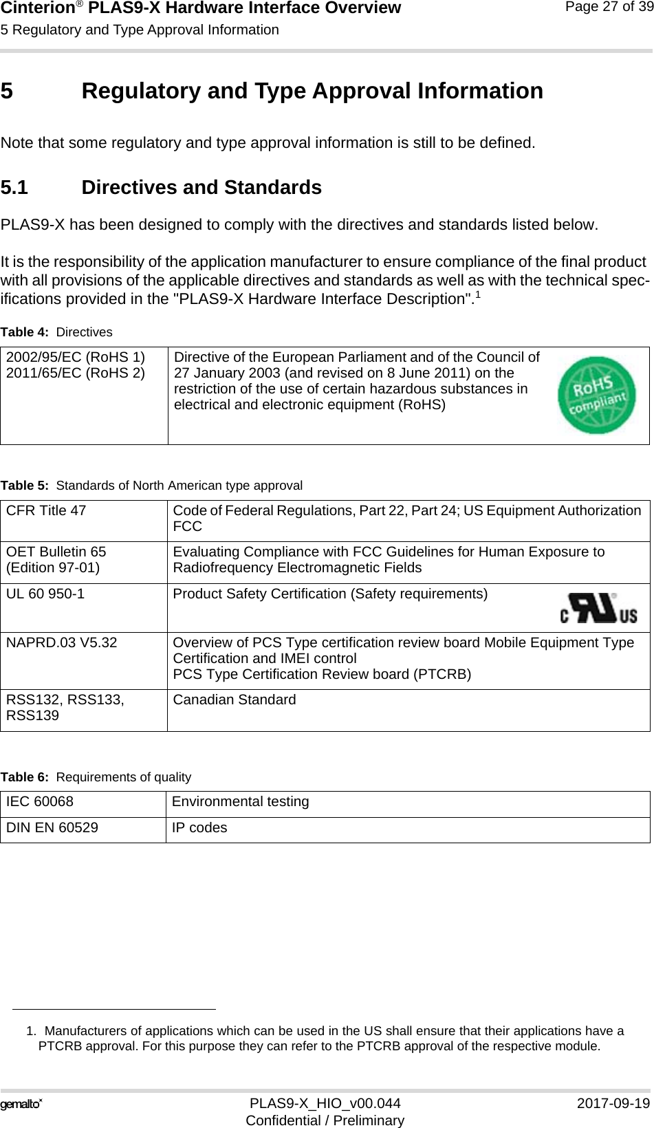 Cinterion® PLAS9-X Hardware Interface Overview5 Regulatory and Type Approval Information32PLAS9-X_HIO_v00.044 2017-09-19Confidential / PreliminaryPage 27 of 395 Regulatory and Type Approval InformationNote that some regulatory and type approval information is still to be defined. 5.1 Directives and StandardsPLAS9-X has been designed to comply with the directives and standards listed below.It is the responsibility of the application manufacturer to ensure compliance of the final product with all provisions of the applicable directives and standards as well as with the technical spec-ifications provided in the &quot;PLAS9-X Hardware Interface Description&quot;.11.  Manufacturers of applications which can be used in the US shall ensure that their applications have aPTCRB approval. For this purpose they can refer to the PTCRB approval of the respective module.Table 4:  Directives2002/95/EC (RoHS 1)2011/65/EC (RoHS 2) Directive of the European Parliament and of the Council of 27 January 2003 (and revised on 8 June 2011) on the restriction of the use of certain hazardous substances in electrical and electronic equipment (RoHS)Table 5:  Standards of North American type approvalCFR Title 47 Code of Federal Regulations, Part 22, Part 24; US Equipment Authorization FCCOET Bulletin 65(Edition 97-01) Evaluating Compliance with FCC Guidelines for Human Exposure to Radiofrequency Electromagnetic FieldsUL 60 950-1 Product Safety Certification (Safety requirements) NAPRD.03 V5.32 Overview of PCS Type certification review board Mobile Equipment Type Certification and IMEI controlPCS Type Certification Review board (PTCRB)RSS132, RSS133, RSS139 Canadian StandardTable 6:  Requirements of qualityIEC 60068 Environmental testingDIN EN 60529 IP codes