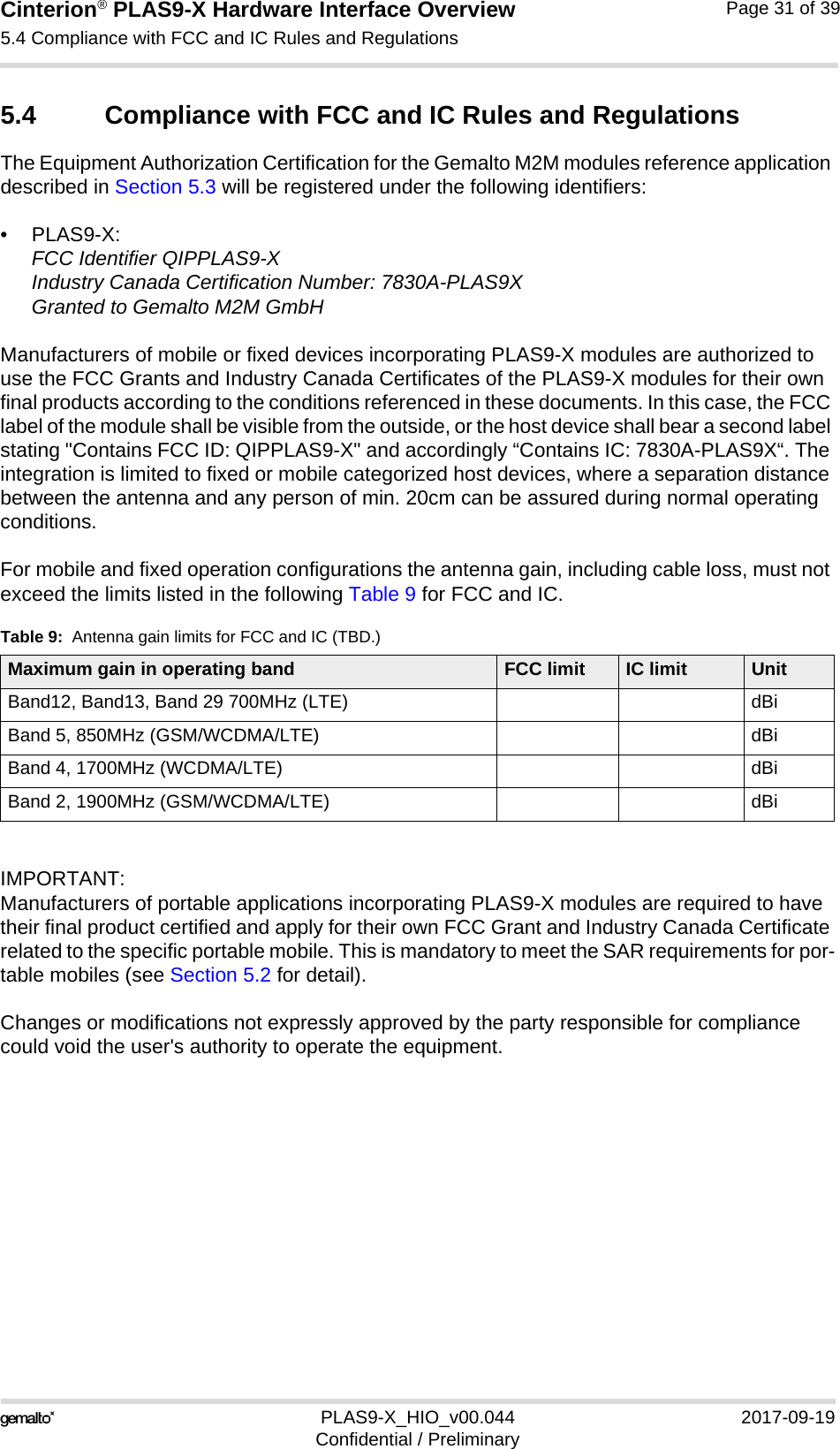 Cinterion® PLAS9-X Hardware Interface Overview5.4 Compliance with FCC and IC Rules and Regulations32PLAS9-X_HIO_v00.044 2017-09-19Confidential / PreliminaryPage 31 of 395.4 Compliance with FCC and IC Rules and Regulations The Equipment Authorization Certification for the Gemalto M2M modules reference application described in Section 5.3 will be registered under the following identifiers:•PLAS9-X:FCC Identifier QIPPLAS9-XIndustry Canada Certification Number: 7830A-PLAS9XGranted to Gemalto M2M GmbH Manufacturers of mobile or fixed devices incorporating PLAS9-X modules are authorized to use the FCC Grants and Industry Canada Certificates of the PLAS9-X modules for their own final products according to the conditions referenced in these documents. In this case, the FCC label of the module shall be visible from the outside, or the host device shall bear a second label stating &quot;Contains FCC ID: QIPPLAS9-X&quot; and accordingly “Contains IC: 7830A-PLAS9X“. The integration is limited to fixed or mobile categorized host devices, where a separation distance between the antenna and any person of min. 20cm can be assured during normal operating conditions. For mobile and fixed operation configurations the antenna gain, including cable loss, must not exceed the limits listed in the following Table 9 for FCC and IC.IMPORTANT:Manufacturers of portable applications incorporating PLAS9-X modules are required to have their final product certified and apply for their own FCC Grant and Industry Canada Certificate related to the specific portable mobile. This is mandatory to meet the SAR requirements for por-table mobiles (see Section 5.2 for detail).Changes or modifications not expressly approved by the party responsible for compliance could void the user&apos;s authority to operate the equipment.Table 9:  Antenna gain limits for FCC and IC (TBD.)Maximum gain in operating band FCC limit IC limit UnitBand12, Band13, Band 29 700MHz (LTE) dBiBand 5, 850MHz (GSM/WCDMA/LTE) dBiBand 4, 1700MHz (WCDMA/LTE) dBiBand 2, 1900MHz (GSM/WCDMA/LTE) dBi