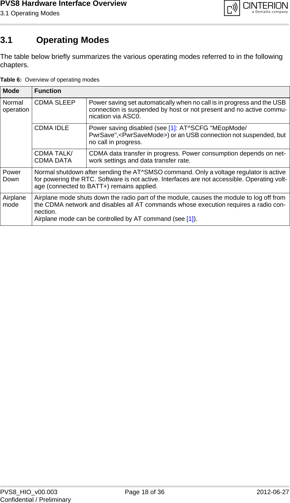 PVS8 Hardware Interface Overview3.1 Operating Modes24PVS8_HIO_v00.003 Page 18 of 36 2012-06-27Confidential / Preliminary3.1 Operating ModesThe table below briefly summarizes the various operating modes referred to in the following chapters.Table 6:  Overview of operating modesMode FunctionNormal operation CDMA SLEEP Power saving set automatically when no call is in progress and the USB connection is suspended by host or not present and no active commu-nication via ASC0. CDMA IDLE Power saving disabled (see [1]: AT^SCFG &quot;MEopMode/PwrSave&quot;,&lt;PwrSaveMode&gt;) or an USB connection not suspended, but no call in progress.CDMA TALK/CDMA DATA CDMA data transfer in progress. Power consumption depends on net-work settings and data transfer rate.Power Down Normal shutdown after sending the AT^SMSO command. Only a voltage regulator is active for powering the RTC. Software is not active. Interfaces are not accessible. Operating volt-age (connected to BATT+) remains applied.Airplane mode Airplane mode shuts down the radio part of the module, causes the module to log off from the CDMA network and disables all AT commands whose execution requires a radio con-nection.Airplane mode can be controlled by AT command (see [1]).