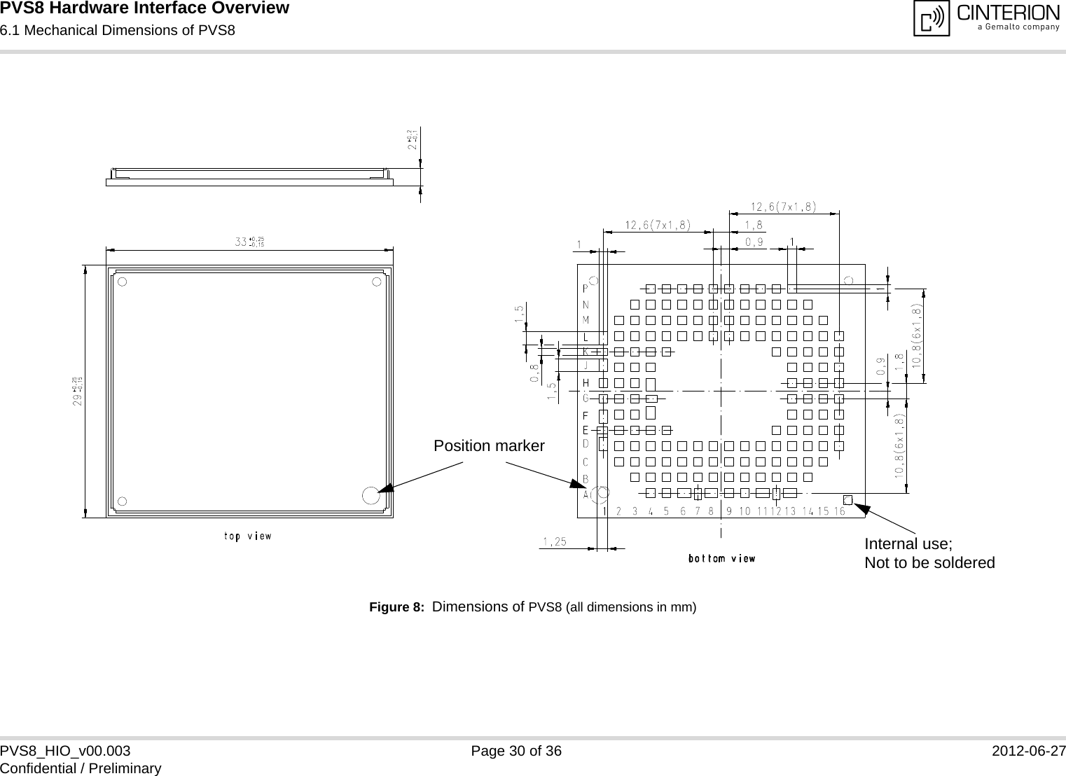 PVS8 Hardware Interface Overview6.1 Mechanical Dimensions of PVS830PVS8_HIO_v00.003 Page 30 of 36 2012-06-27Confidential / PreliminaryFigure 8:  Dimensions of PVS8 (all dimensions in mm)Internal use; Not to be solderedPosition marker