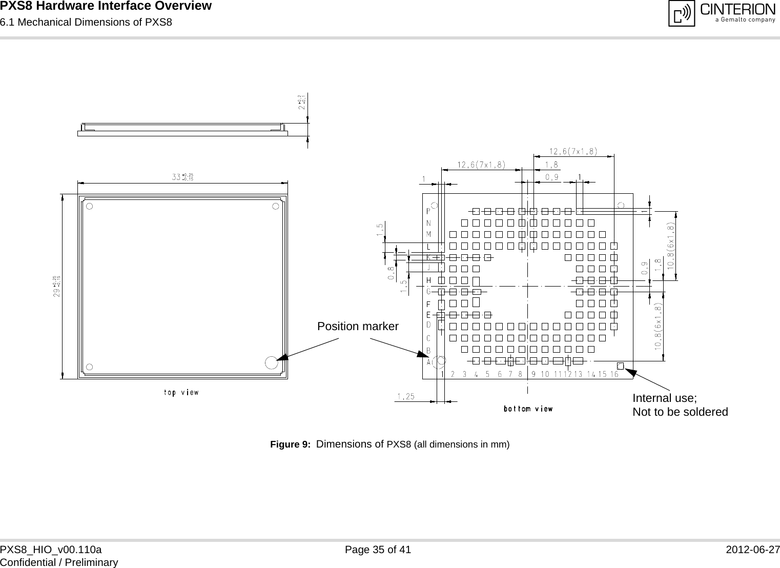 PXS8 Hardware Interface Overview6.1 Mechanical Dimensions of PXS835PXS8_HIO_v00.110a Page 35 of 41 2012-06-27Confidential / PreliminaryFigure 9:  Dimensions of PXS8 (all dimensions in mm)Internal use; Not to be solderedPosition marker
