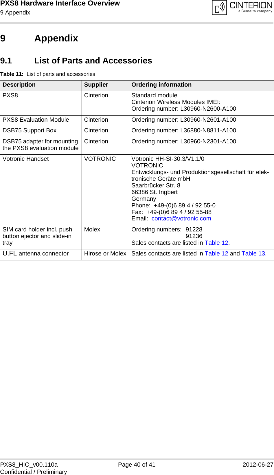 PXS8 Hardware Interface Overview9 Appendix41PXS8_HIO_v00.110a Page 40 of 41 2012-06-27Confidential / Preliminary9 Appendix9.1 List of Parts and AccessoriesTable 11:  List of parts and accessoriesDescription Supplier Ordering informationPXS8 Cinterion Standard module Cinterion Wireless Modules IMEI:Ordering number: L30960-N2600-A100PXS8 Evaluation Module Cinterion Ordering number: L30960-N2601-A100DSB75 Support Box Cinterion Ordering number: L36880-N8811-A100DSB75 adapter for mounting the PXS8 evaluation module Cinterion Ordering number: L30960-N2301-A100Votronic Handset VOTRONIC Votronic HH-SI-30.3/V1.1/0VOTRONIC Entwicklungs- und Produktionsgesellschaft für elek-tronische Geräte mbHSaarbrücker Str. 866386 St. IngbertGermanyPhone:  +49-(0)6 89 4 / 92 55-0Fax:  +49-(0)6 89 4 / 92 55-88Email:  contact@votronic.comSIM card holder incl. push button ejector and slide-in trayMolex Ordering numbers:  91228 91236Sales contacts are listed in Table 12.U.FL antenna connector Hirose or Molex Sales contacts are listed in Table 12 and Table 13.
