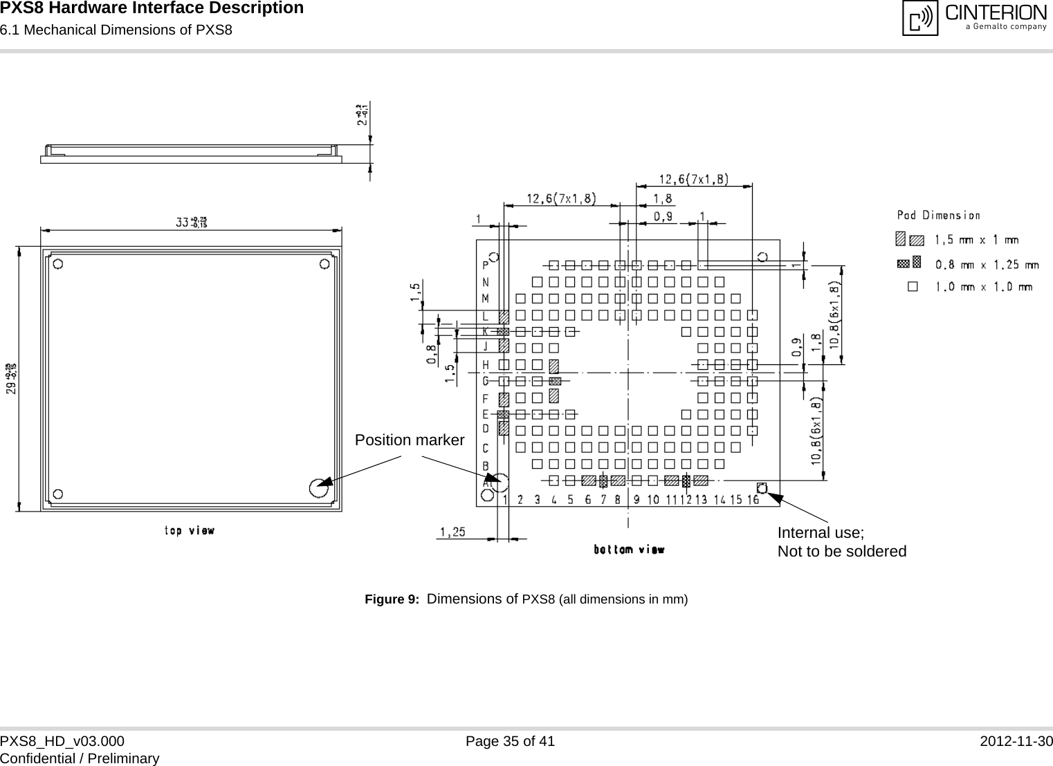 PXS8 Hardware Interface Description6.1 Mechanical Dimensions of PXS835PXS8_HD_v03.000 Page 35 of 41 2012-11-30Confidential / PreliminaryFigure 9:  Dimensions of PXS8 (all dimensions in mm)Internal use; Not to be solderedPosition marker