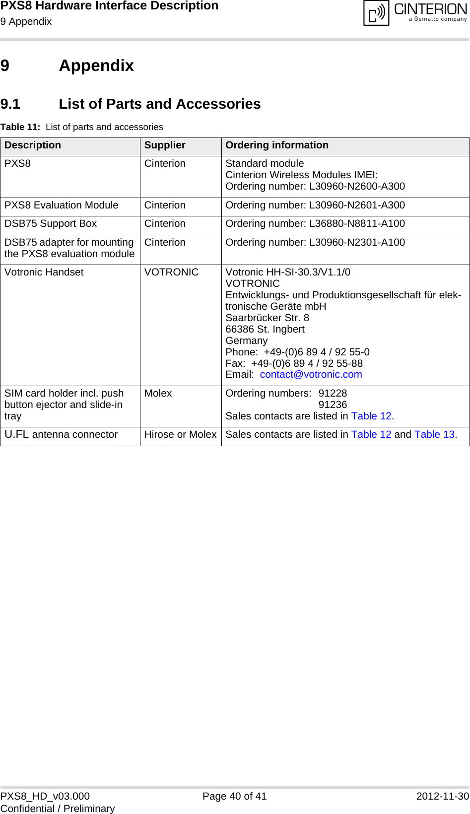 PXS8 Hardware Interface Description9 Appendix41PXS8_HD_v03.000 Page 40 of 41 2012-11-30Confidential / Preliminary9 Appendix9.1 List of Parts and AccessoriesTable 11:  List of parts and accessoriesDescription Supplier Ordering informationPXS8 Cinterion Standard module Cinterion Wireless Modules IMEI:Ordering number: L30960-N2600-A300PXS8 Evaluation Module Cinterion Ordering number: L30960-N2601-A300DSB75 Support Box Cinterion Ordering number: L36880-N8811-A100DSB75 adapter for mounting the PXS8 evaluation module Cinterion Ordering number: L30960-N2301-A100Votronic Handset VOTRONIC Votronic HH-SI-30.3/V1.1/0VOTRONIC Entwicklungs- und Produktionsgesellschaft für elek-tronische Geräte mbHSaarbrücker Str. 866386 St. IngbertGermanyPhone:  +49-(0)6 89 4 / 92 55-0Fax:  +49-(0)6 89 4 / 92 55-88Email:  contact@votronic.comSIM card holder incl. push button ejector and slide-in trayMolex Ordering numbers:  91228 91236Sales contacts are listed in Table 12.U.FL antenna connector Hirose or Molex Sales contacts are listed in Table 12 and Table 13.