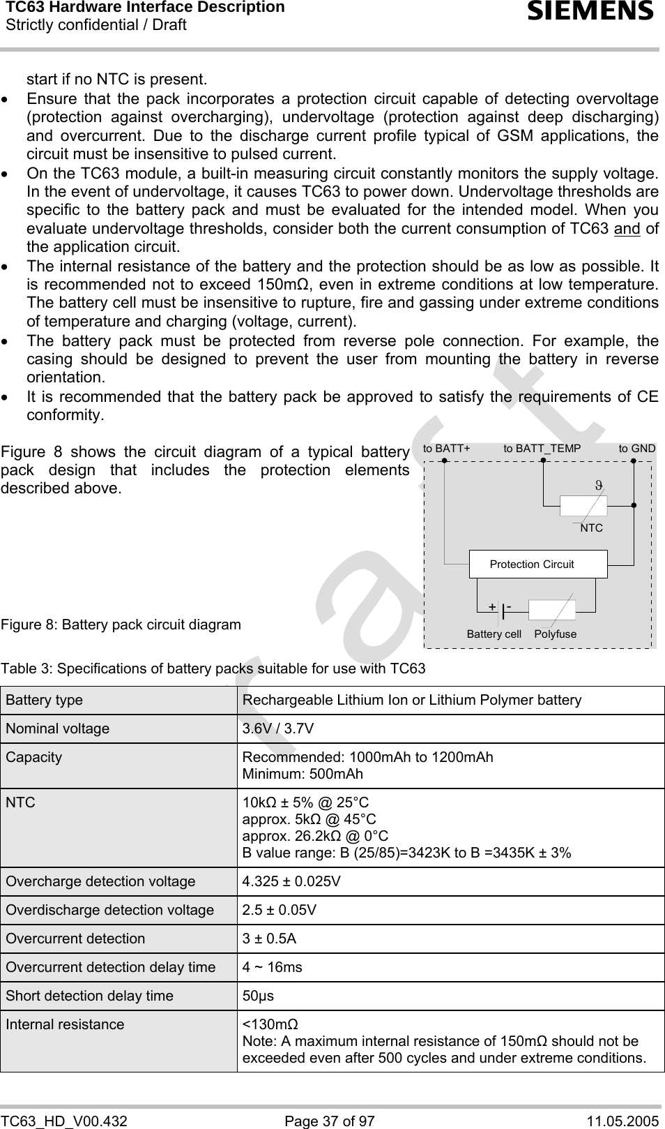TC63 Hardware Interface Description Strictly confidential / Draft  s TC63_HD_V00.432  Page 37 of 97  11.05.2005 start if no NTC is present. •  Ensure that the pack incorporates a protection circuit capable of detecting overvoltage (protection against overcharging), undervoltage (protection against deep discharging) and overcurrent. Due to the discharge current profile typical of GSM applications, the circuit must be insensitive to pulsed current. •  On the TC63 module, a built-in measuring circuit constantly monitors the supply voltage. In the event of undervoltage, it causes TC63 to power down. Undervoltage thresholds are specific to the battery pack and must be evaluated for the intended model. When you evaluate undervoltage thresholds, consider both the current consumption of TC63 and of the application circuit.  •  The internal resistance of the battery and the protection should be as low as possible. It is recommended not to exceed 150m, even in extreme conditions at low temperature. The battery cell must be insensitive to rupture, fire and gassing under extreme conditions of temperature and charging (voltage, current). •  The battery pack must be protected from reverse pole connection. For example, the casing should be designed to prevent the user from mounting the battery in reverse orientation. •  It is recommended that the battery pack be approved to satisfy the requirements of CE conformity.  Figure 8 shows the circuit diagram of a typical battery pack design that includes the protection elements described above.        Figure 8: Battery pack circuit diagram  Table 3: Specifications of battery packs suitable for use with TC63 Battery type  Rechargeable Lithium Ion or Lithium Polymer battery Nominal voltage  3.6V / 3.7V Capacity  Recommended: 1000mAh to 1200mAh Minimum: 500mAh NTC 10k ± 5% @ 25°C approx. 5k @ 45°C approx. 26.2k @ 0°C B value range: B (25/85)=3423K to B =3435K ± 3% Overcharge detection voltage  4.325 ± 0.025V Overdischarge detection voltage  2.5 ± 0.05V Overcurrent detection  3 ± 0.5A Overcurrent detection delay time  4 ~ 16ms Short detection delay time  50µs Internal resistance  &lt;130m Note: A maximum internal resistance of 150m should not be exceeded even after 500 cycles and under extreme conditions. to BATT_TEMP to GNDNTCPolyfuseϑProtection Circuit+-Battery cellto BATT+