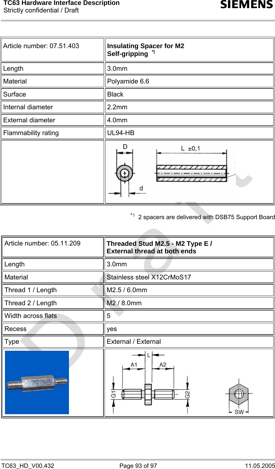 TC63 Hardware Interface Description Strictly confidential / Draft  s TC63_HD_V00.432  Page 93 of 97  11.05.2005  Article number: 07.51.403  Insulating Spacer for M2 Self-gripping  *) Length 3.0mm Material Polyamide 6.6 Surface Black Internal diameter  2.2mm External diameter  4.0mm Flammability rating  UL94-HB    *)  2 spacers are delivered with DSB75 Support Board   Article number: 05.11.209   Threaded Stud M2.5 - M2 Type E / External thread at both ends Length 3.0mm Material  Stainless steel X12CrMoS17 Thread 1 / Length  M2.5 / 6.0mm Thread 2 / Length  M2 / 8.0mm Width across flats  5  Recess yes Type  External / External     