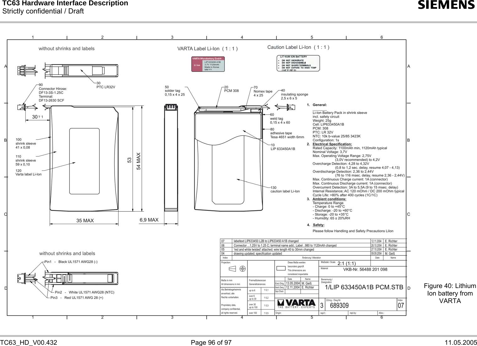 TC63 Hardware Interface Description Strictly confidential / Draft  s   TC63_HD_V00.432  Page 96 of 97  11.05.2005                               Figure 40: Lithium Ion battery from VARTA  