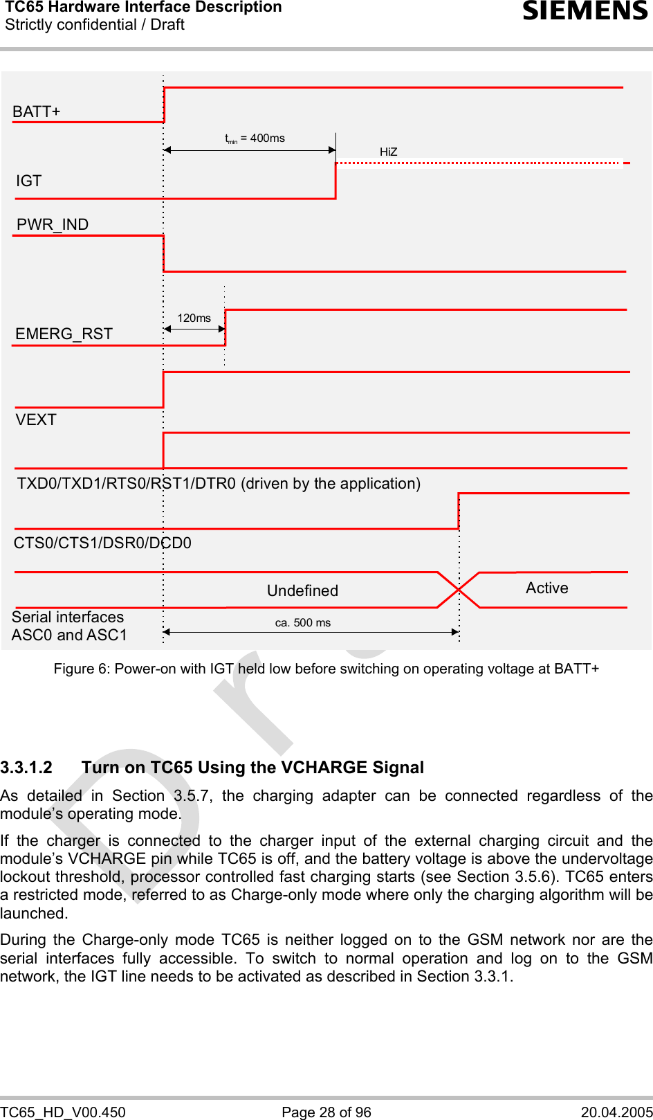 TC65 Hardware Interface Description Strictly confidential / Draft  s TC65_HD_V00.450  Page 28 of 96  20.04.2005 EMERG_RSTPWR_INDt  = 400msmin120msBATT+IGTHiZVEXTTXD0/TXD1/RTS0/RST1/DTR0 (driven by the application)CTS0/CTS1/DSR0/DCD0ca. 500 msSerial interfacesASC0 and ASC1Undefined Active Figure 6: Power-on with IGT held low before switching on operating voltage at BATT+    3.3.1.2  Turn on TC65 Using the VCHARGE Signal As detailed in Section 3.5.7, the charging adapter can be connected regardless of the module’s operating mode. If the charger is connected to the charger input of the external charging circuit and the module’s VCHARGE pin while TC65 is off, and the battery voltage is above the undervoltage lockout threshold, processor controlled fast charging starts (see Section 3.5.6). TC65 enters a restricted mode, referred to as Charge-only mode where only the charging algorithm will be launched. During the Charge-only mode TC65 is neither logged on to the GSM network nor are the serial interfaces fully accessible. To switch to normal operation and log on to the GSM network, the IGT line needs to be activated as described in Section 3.3.1.   