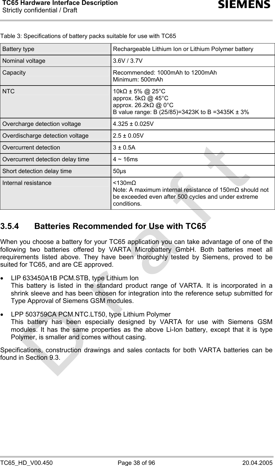 TC65 Hardware Interface Description Strictly confidential / Draft  s TC65_HD_V00.450  Page 38 of 96  20.04.2005 Table 3: Specifications of battery packs suitable for use with TC65 Battery type  Rechargeable Lithium Ion or Lithium Polymer battery Nominal voltage  3.6V / 3.7V Capacity  Recommended: 1000mAh to 1200mAh Minimum: 500mAh NTC 10k ± 5% @ 25°C approx. 5k @ 45°C approx. 26.2k @ 0°C B value range: B (25/85)=3423K to B =3435K ± 3% Overcharge detection voltage  4.325 ± 0.025V Overdischarge detection voltage  2.5 ± 0.05V Overcurrent detection  3 ± 0.5A Overcurrent detection delay time  4 ~ 16ms Short detection delay time  50µs Internal resistance  &lt;130m Note: A maximum internal resistance of 150m should not be exceeded even after 500 cycles and under extreme conditions.  3.5.4  Batteries Recommended for Use with TC65 When you choose a battery for your TC65 application you can take advantage of one of the following two batteries offered by VARTA Microbattery GmbH. Both batteries meet all requirements listed above. They have been thoroughly tested by Siemens, proved to be suited for TC65, and are CE approved.  •  LIP 633450A1B PCM.STB, type Lithium Ion This battery is listed in the standard product range of VARTA. It is incorporated in a shrink sleeve and has been chosen for integration into the reference setup submitted for Type Approval of Siemens GSM modules.  •  LPP 503759CA PCM.NTC.LT50, type Lithium Polymer This battery has been especially designed by VARTA for use with Siemens GSM modules. It has the same properties as the above Li-Ion battery, except that it is type Polymer, is smaller and comes without casing.  Specifications, construction drawings and sales contacts for both VARTA batteries can be found in Section 9.3.  