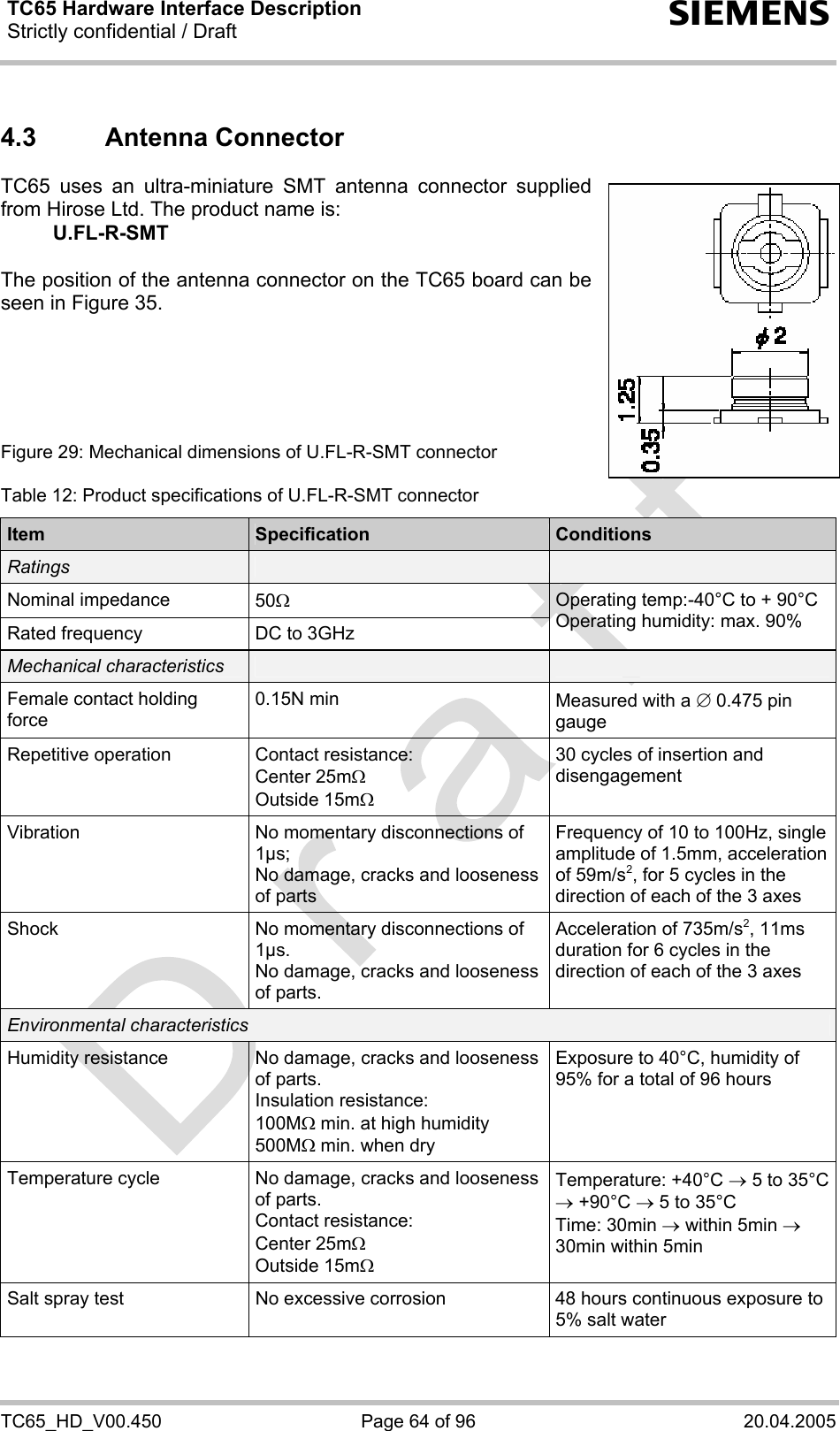 TC65 Hardware Interface Description Strictly confidential / Draft  s TC65_HD_V00.450  Page 64 of 96  20.04.2005 4.3  Antenna Connector  TC65 uses an ultra-miniature SMT antenna connector supplied from Hirose Ltd. The product name is:  U.FL-R-SMT  The position of the antenna connector on the TC65 board can be seen in Figure 35.      Figure 29: Mechanical dimensions of U.FL-R-SMT connector  Table 12: Product specifications of U.FL-R-SMT connector Item  Specification  Conditions Ratings     Nominal impedance  50Ω Rated frequency  DC to 3GHz Operating temp:-40°C to + 90°C Operating humidity: max. 90% Mechanical characteristics     Female contact holding force 0.15N min  Measured with a ∅ 0.475 pin gauge Repetitive operation  Contact resistance: Center 25mΩ  Outside 15mΩ 30 cycles of insertion and disengagement Vibration  No momentary disconnections of 1µs; No damage, cracks and looseness of parts Frequency of 10 to 100Hz, single amplitude of 1.5mm, acceleration of 59m/s2, for 5 cycles in the direction of each of the 3 axes Shock  No momentary disconnections of 1µs. No damage, cracks and looseness of parts. Acceleration of 735m/s2, 11ms duration for 6 cycles in the direction of each of the 3 axes Environmental characteristics Humidity resistance  No damage, cracks and looseness of parts. Insulation resistance:  100MΩ min. at high humidity 500MΩ min. when dry Exposure to 40°C, humidity of 95% for a total of 96 hours Temperature cycle  No damage, cracks and looseness of parts. Contact resistance: Center 25mΩ  Outside 15mΩ Temperature: +40°C → 5 to 35°C → +90°C → 5 to 35°C Time: 30min → within 5min → 30min within 5min Salt spray test  No excessive corrosion  48 hours continuous exposure to 5% salt water  