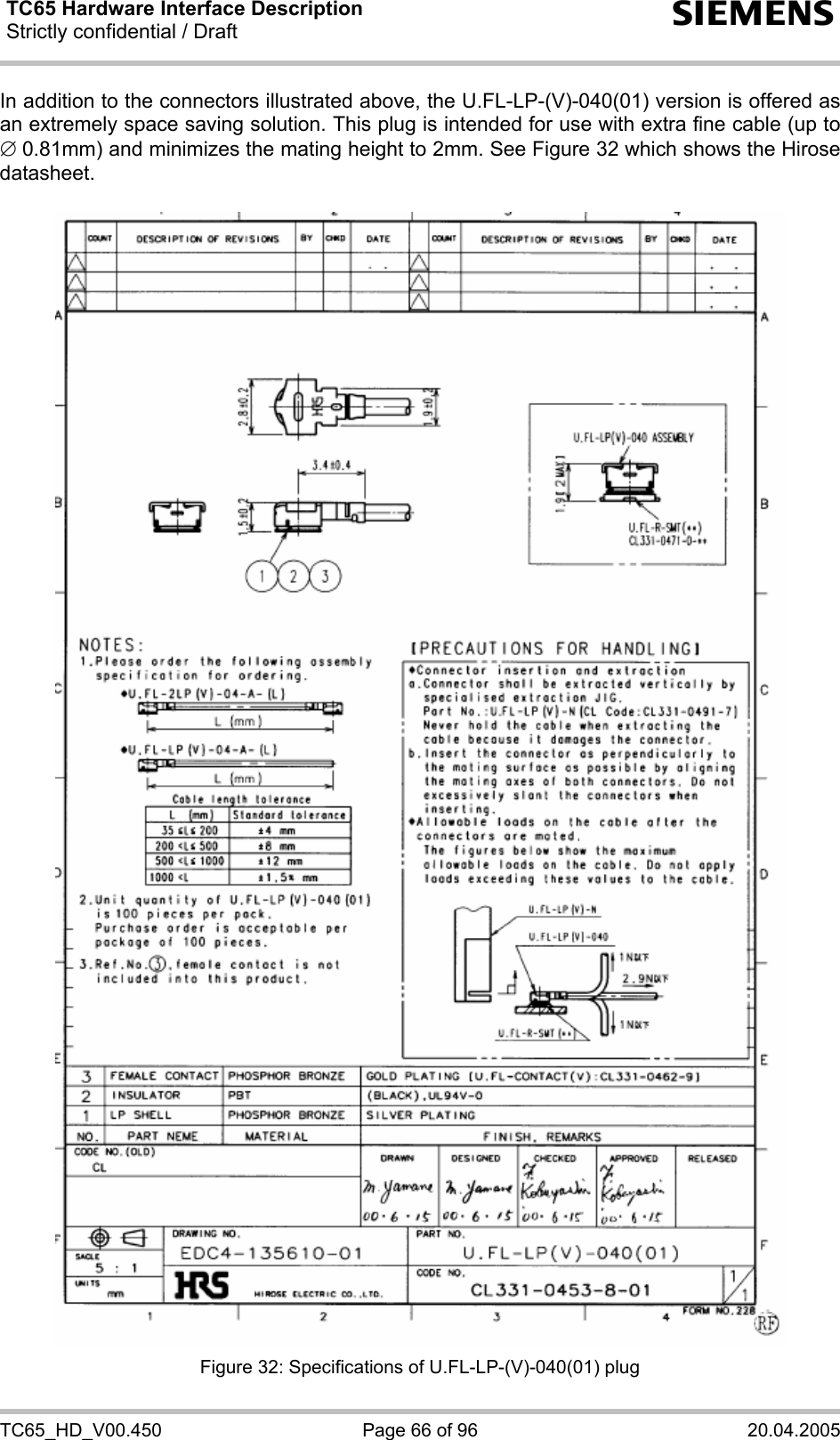 TC65 Hardware Interface Description Strictly confidential / Draft  s TC65_HD_V00.450  Page 66 of 96  20.04.2005 In addition to the connectors illustrated above, the U.FL-LP-(V)-040(01) version is offered as an extremely space saving solution. This plug is intended for use with extra fine cable (up to ∅ 0.81mm) and minimizes the mating height to 2mm. See Figure 32 which shows the Hirose datasheet.    Figure 32: Specifications of U.FL-LP-(V)-040(01) plug 