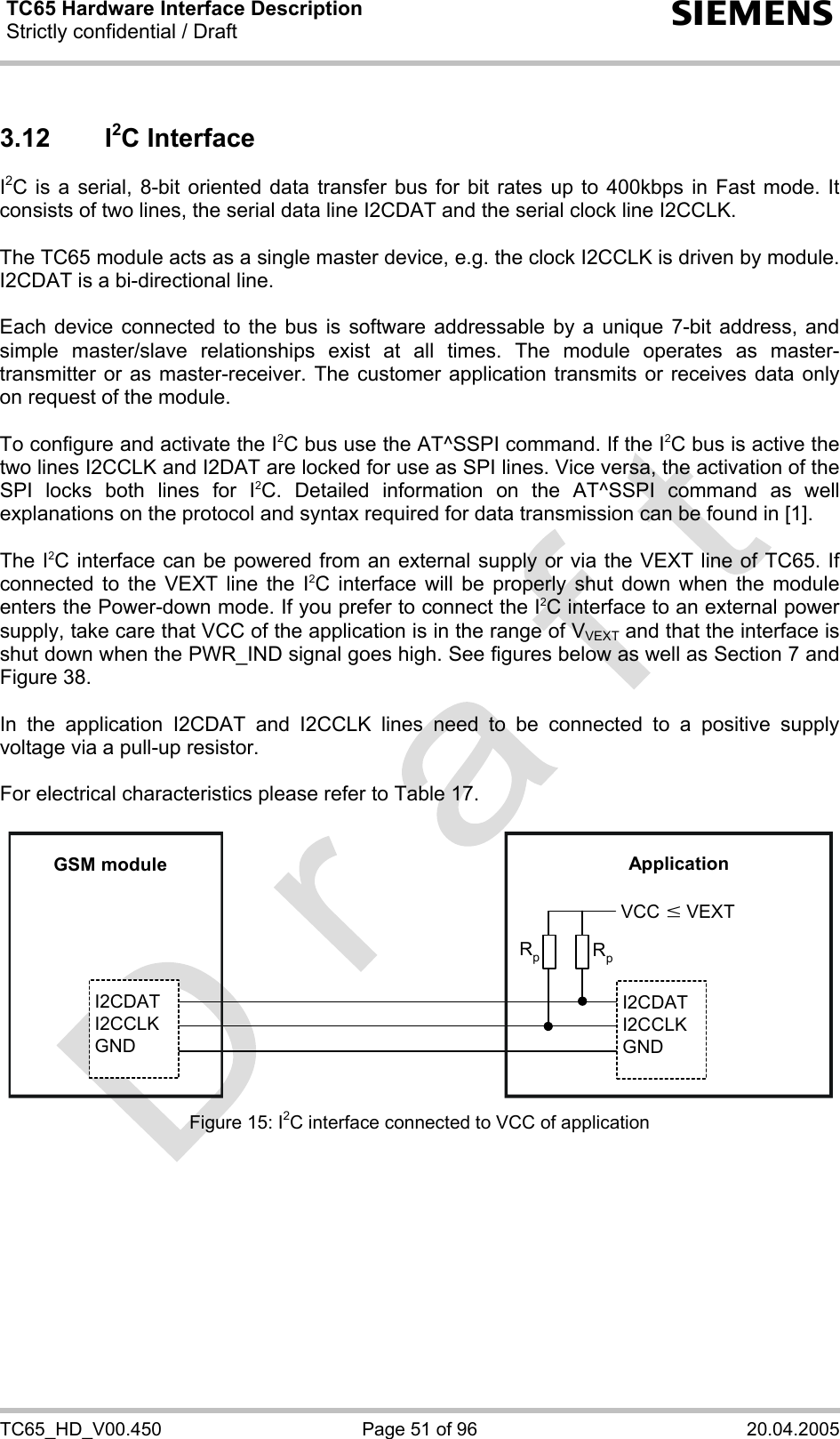 TC65 Hardware Interface Description Strictly confidential / Draft  s TC65_HD_V00.450  Page 51 of 96  20.04.2005 3.12 I2C Interface I2C is a serial, 8-bit oriented data transfer bus for bit rates up to 400kbps in Fast mode. It consists of two lines, the serial data line I2CDAT and the serial clock line I2CCLK.   The TC65 module acts as a single master device, e.g. the clock I2CCLK is driven by module. I2CDAT is a bi-directional line.  Each device connected to the bus is software addressable by a unique 7-bit address, and simple master/slave relationships exist at all times. The module operates as master-transmitter or as master-receiver. The customer application transmits or receives data only on request of the module.   To configure and activate the I2C bus use the AT^SSPI command. If the I2C bus is active the two lines I2CCLK and I2DAT are locked for use as SPI lines. Vice versa, the activation of the SPI locks both lines for I2C. Detailed information on the AT^SSPI command as well explanations on the protocol and syntax required for data transmission can be found in [1].  The I2C interface can be powered from an external supply or via the VEXT line of TC65. If connected to the VEXT line the I2C interface will be properly shut down when the module enters the Power-down mode. If you prefer to connect the I2C interface to an external power supply, take care that VCC of the application is in the range of VVEXT and that the interface is shut down when the PWR_IND signal goes high. See figures below as well as Section 7 and Figure 38.  In the application I2CDAT and I2CCLK lines need to be connected to a positive supply voltage via a pull-up resistor.   For electrical characteristics please refer to Table 17.  GSM moduleI2CDATI2CCLKGNDI2CDATI2CCLKGNDApplicationVCCRpRpwVEXT Figure 15: I2C interface connected to VCC of application  