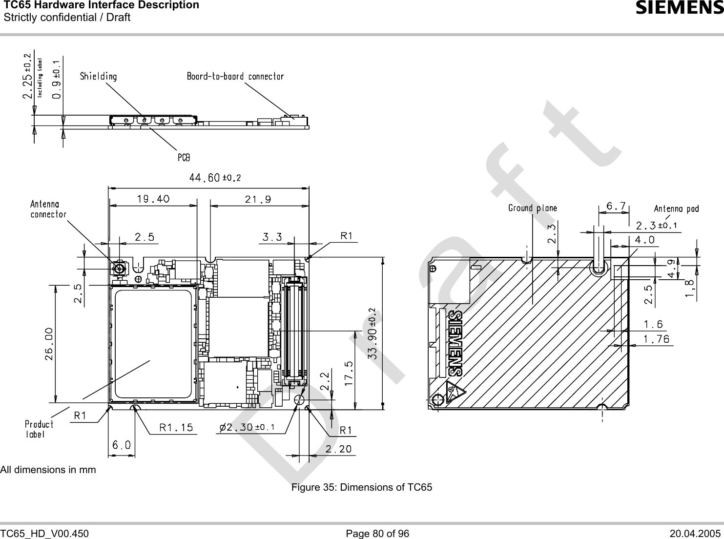 TC65 Hardware Interface Description Strictly confidential / Draft  s   TC65_HD_V00.450  Page 80 of 96  20.04.2005  All dimensions in mm Figure 35: Dimensions of TC65 