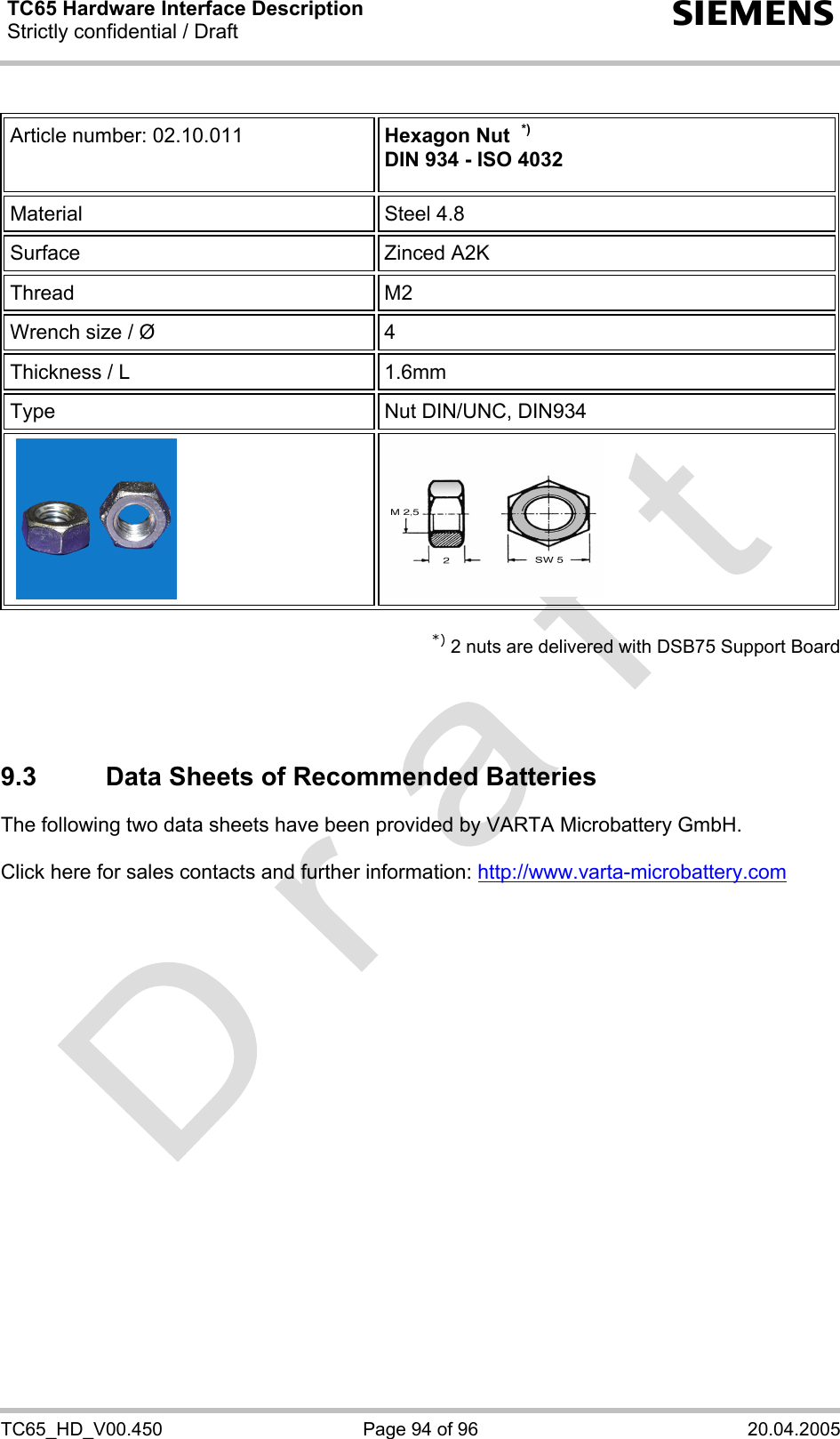 TC65 Hardware Interface Description Strictly confidential / Draft  s TC65_HD_V00.450  Page 94 of 96  20.04.2005  Article number: 02.10.011  Hexagon Nut  *) DIN 934 - ISO 4032 Material Steel 4.8 Surface Zinced A2K Thread   M2  Wrench size / Ø  4 Thickness / L  1.6mm Type  Nut DIN/UNC, DIN934    *) 2 nuts are delivered with DSB75 Support Board    9.3  Data Sheets of Recommended Batteries The following two data sheets have been provided by VARTA Microbattery GmbH.   Click here for sales contacts and further information: http://www.varta-microbattery.com   