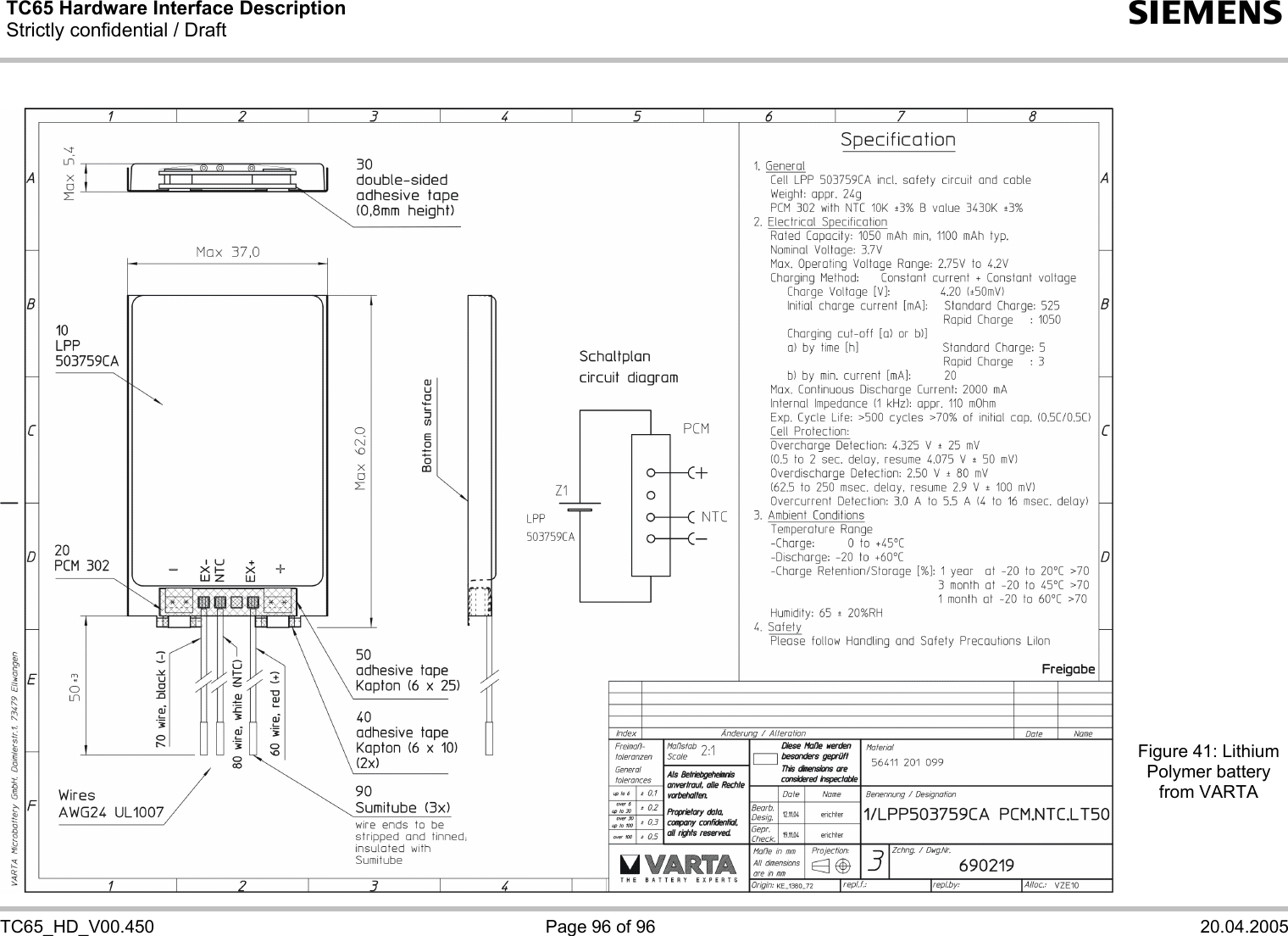 TC65 Hardware Interface Description Strictly confidential / Draft  s   TC65_HD_V00.450  Page 96 of 96  20.04.2005                              Figure 41: Lithium Polymer battery from VARTA  