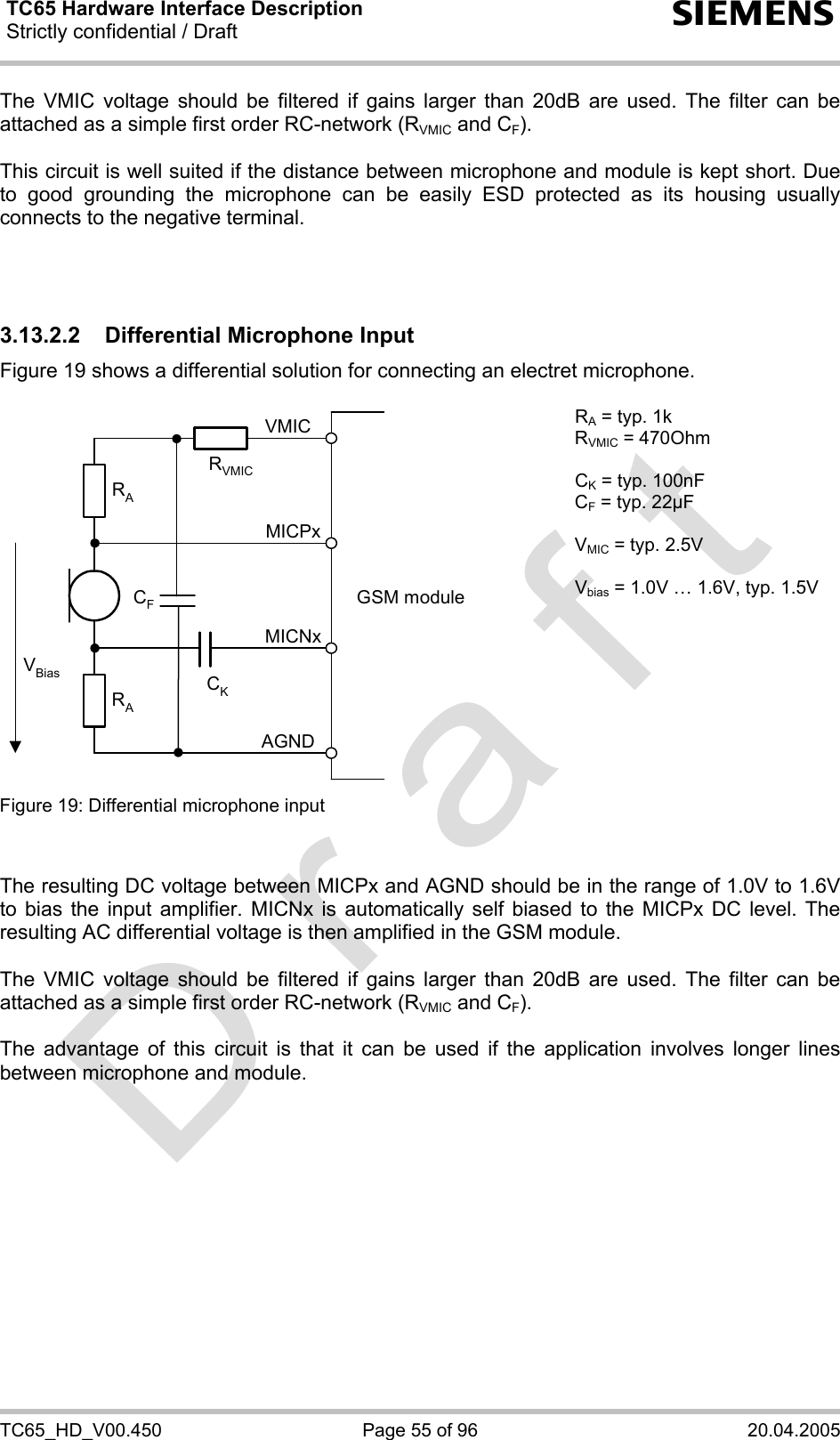 TC65 Hardware Interface Description Strictly confidential / Draft  s TC65_HD_V00.450  Page 55 of 96  20.04.2005 The VMIC voltage should be filtered if gains larger than 20dB are used. The filter can be attached as a simple first order RC-network (RVMIC and CF).  This circuit is well suited if the distance between microphone and module is kept short. Due to good grounding the microphone can be easily ESD protected as its housing usually connects to the negative terminal.     3.13.2.2  Differential Microphone Input Figure 19 shows a differential solution for connecting an electret microphone.   GSM moduleRARAVBias CKAGNDMICNxMICPxVMICCFRVMIC RA = typ. 1k RVMIC = 470Ohm  CK = typ. 100nF CF = typ. 22µF  VMIC = typ. 2.5V  Vbias = 1.0V … 1.6V, typ. 1.5V Figure 19: Differential microphone input     The resulting DC voltage between MICPx and AGND should be in the range of 1.0V to 1.6V to bias the input amplifier. MICNx is automatically self biased to the MICPx DC level. The resulting AC differential voltage is then amplified in the GSM module.   The VMIC voltage should be filtered if gains larger than 20dB are used. The filter can be attached as a simple first order RC-network (RVMIC and CF).  The advantage of this circuit is that it can be used if the application involves longer lines between microphone and module. 