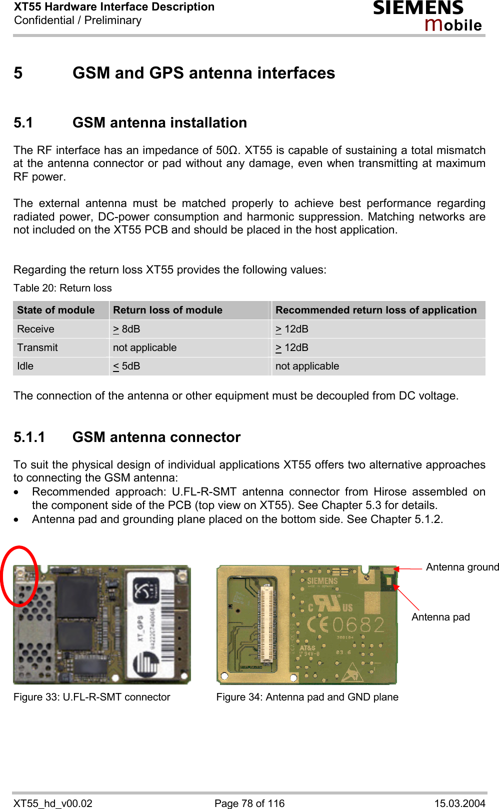 XT55 Hardware Interface Description Confidential / Preliminary s mo b i l e XT55_hd_v00.02  Page 78 of 116  15.03.2004 5  GSM and GPS antenna interfaces 5.1  GSM antenna installation The RF interface has an impedance of 50&quot;. XT55 is capable of sustaining a total mismatch at the antenna connector or pad without any damage, even when transmitting at maximum RF power.   The external antenna must be matched properly to achieve best performance regarding radiated power, DC-power consumption and harmonic suppression. Matching networks are not included on the XT55 PCB and should be placed in the host application.    Regarding the return loss XT55 provides the following values: Table 20: Return loss State of module  Return loss of module  Recommended return loss of application Receive  &gt; 8dB  &gt; 12dB  Transmit   not applicable   &gt; 12dB  Idle  &lt; 5dB   not applicable  The connection of the antenna or other equipment must be decoupled from DC voltage.  5.1.1  GSM antenna connector To suit the physical design of individual applications XT55 offers two alternative approaches to connecting the GSM antenna:  ·  Recommended approach: U.FL-R-SMT antenna connector from Hirose assembled on the component side of the PCB (top view on XT55). See Chapter 5.3 for details. ·  Antenna pad and grounding plane placed on the bottom side. See Chapter 5.1.2.       Figure 33: U.FL-R-SMT connector  Figure 34: Antenna pad and GND plane   Antenna pad Antenna ground 