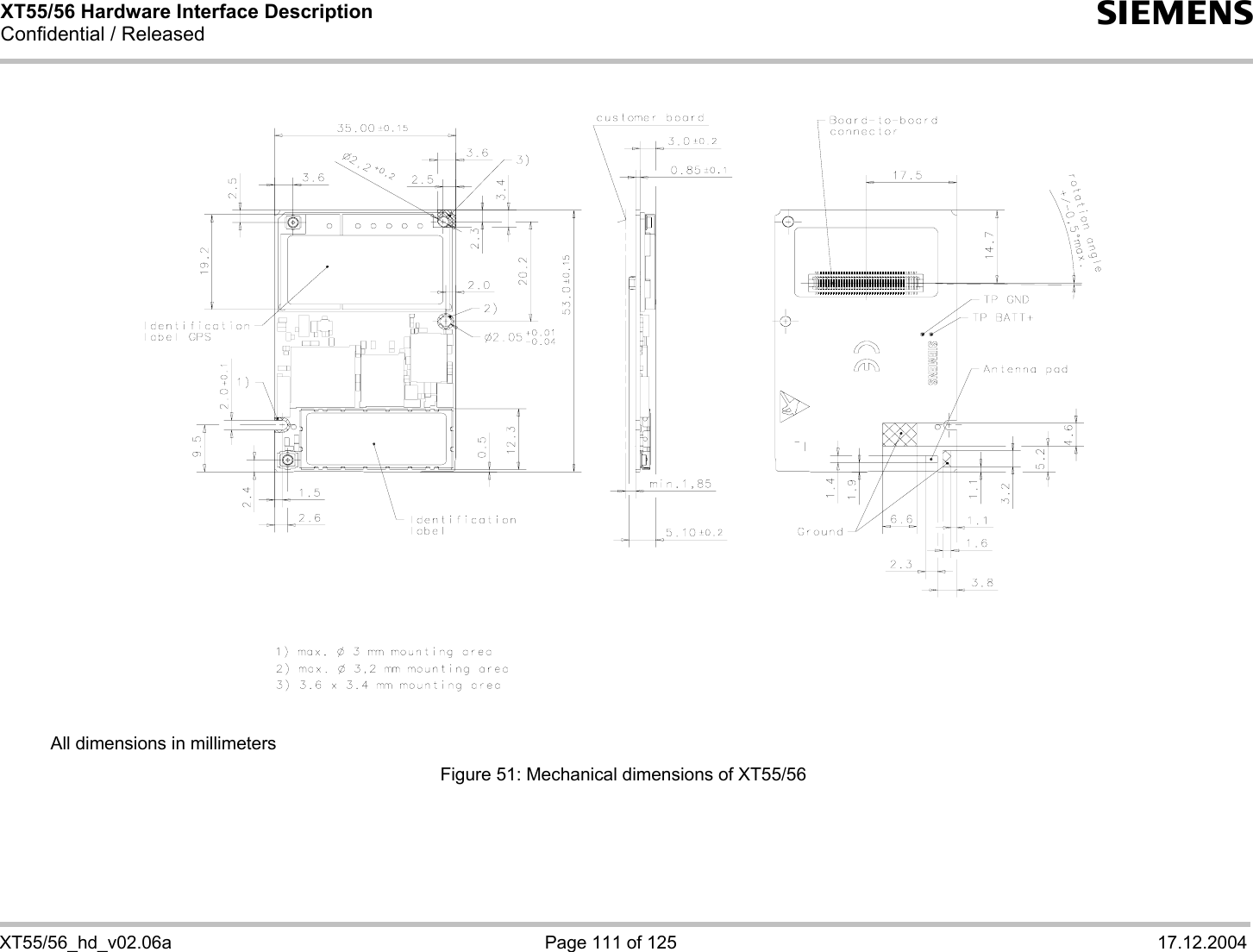 XT55/56 Hardware Interface Description Confidential / Released s   XT55/56_hd_v02.06a  Page 111 of 125  17.12.2004        All dimensions in millimeters Figure 51: Mechanical dimensions of XT55/56   