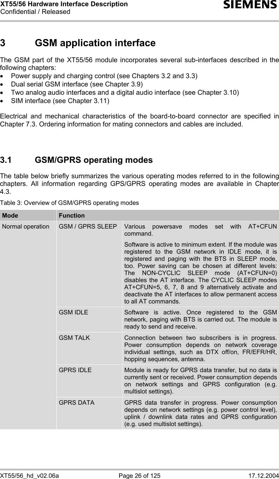 XT55/56 Hardware Interface Description Confidential / Released s XT55/56_hd_v02.06a  Page 26 of 125  17.12.2004 3  GSM application interface The GSM part of the XT55/56 module incorporates several sub-interfaces described in the following chapters: •  Power supply and charging control (see Chapters 3.2 and 3.3) •  Dual serial GSM interface (see Chapter 3.9) •  Two analog audio interfaces and a digital audio interface (see Chapter 3.10) •  SIM interface (see Chapter 3.11)  Electrical and mechanical characteristics of the board-to-board connector are specified in Chapter 7.3. Ordering information for mating connectors and cables are included.   3.1  GSM/GPRS operating modes The table below briefly summarizes the various operating modes referred to in the following chapters. All information regarding GPS/GPRS operating modes are available in Chapter 4.3. Table 3: Overview of GSM/GPRS operating modes Mode  Function GSM / GPRS SLEEP  Various powersave modes set with AT+CFUN command.  Software is active to minimum extent. If the module was registered to the GSM network in IDLE mode, it is registered and paging with the BTS in SLEEP mode, too. Power saving can be chosen at different levels: The NON-CYCLIC SLEEP mode (AT+CFUN=0) disables the AT interface. The CYCLIC SLEEP modes AT+CFUN=5, 6, 7, 8 and 9 alternatively activate and deactivate the AT interfaces to allow permanent access to all AT commands. GSM IDLE  Software is active. Once registered to the GSM network, paging with BTS is carried out. The module is ready to send and receive. GSM TALK  Connection between two subscribers is in progress. Power consumption depends on network coverage individual settings, such as DTX off/on, FR/EFR/HR, hopping sequences, antenna. GPRS IDLE  Module is ready for GPRS data transfer, but no data is currently sent or received. Power consumption depends on network settings and GPRS configuration (e.g. multislot settings). Normal operation GPRS DATA  GPRS data transfer in progress. Power consumption depends on network settings (e.g. power control level), uplink / downlink data rates and GPRS configuration (e.g. used multislot settings). 