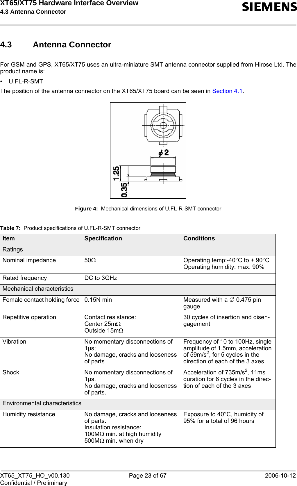 XT65/XT75 Hardware Interface Overview 4.3 Antenna Connector sXT65_XT75_HO_v00.130 Page 23 of 67 2006-10-12Confidential / Preliminary4.3 Antenna Connector For GSM and GPS, XT65/XT75 uses an ultra-miniature SMT antenna connector supplied from Hirose Ltd. Theproduct name is:•U.FL-R-SMTThe position of the antenna connector on the XT65/XT75 board can be seen in Section 4.1.Figure 4:  Mechanical dimensions of U.FL-R-SMT connector Table 7:  Product specifications of U.FL-R-SMT connectorItem Specification ConditionsRatingsNominal impedance 50ΩOperating temp:-40°C to + 90°COperating humidity: max. 90%Rated frequency DC to 3GHzMechanical characteristicsFemale contact holding force 0.15N min Measured with a ; 0.475 pin gaugeRepetitive operation Contact resistance:Center 25mΩ Outside 15mΩ30 cycles of insertion and disen-gagementVibration No momentary disconnections of 1µs;No damage, cracks and looseness of partsFrequency of 10 to 100Hz, single amplitude of 1.5mm, acceleration of 59m/s2, for 5 cycles in the direction of each of the 3 axesShock No momentary disconnections of 1µs.No damage, cracks and looseness of parts.Acceleration of 735m/s2, 11ms duration for 6 cycles in the direc-tion of each of the 3 axesEnvironmental characteristicsHumidity resistance No damage, cracks and looseness of parts.Insulation resistance: 100MΩ min. at high humidity500MΩ min. when dryExposure to 40°C, humidity of 95% for a total of 96 hours