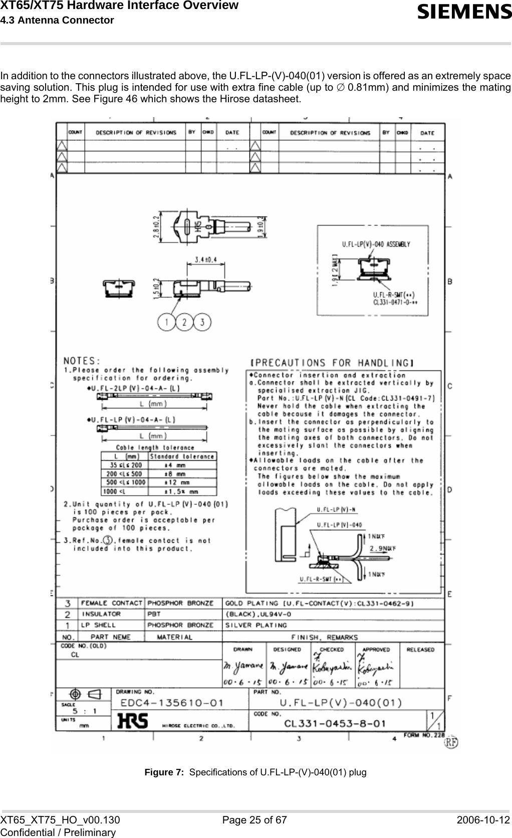 XT65/XT75 Hardware Interface Overview 4.3 Antenna Connector sXT65_XT75_HO_v00.130 Page 25 of 67 2006-10-12Confidential / PreliminaryIn addition to the connectors illustrated above, the U.FL-LP-(V)-040(01) version is offered as an extremely spacesaving solution. This plug is intended for use with extra fine cable (up to ;0.81mm) and minimizes the matingheight to 2mm. See Figure 46 which shows the Hirose datasheet.Figure 7:  Specifications of U.FL-LP-(V)-040(01) plug