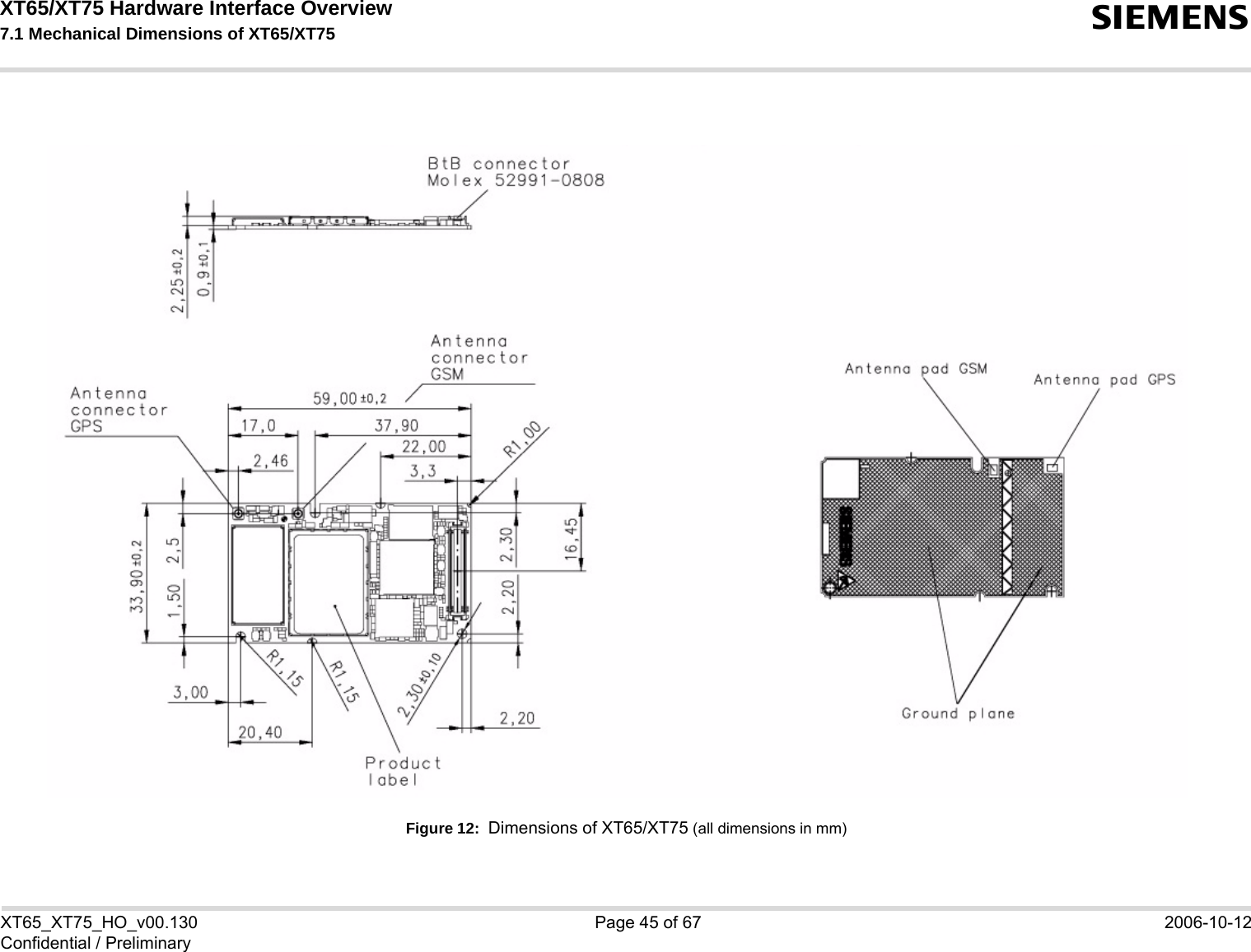XT65/XT75 Hardware Interface Overview 7.1 Mechanical Dimensions of XT65/XT75 sXT65_XT75_HO_v00.130 Page 45 of 67 2006-10-12Confidential / PreliminaryFigure 12:  Dimensions of XT65/XT75 (all dimensions in mm)