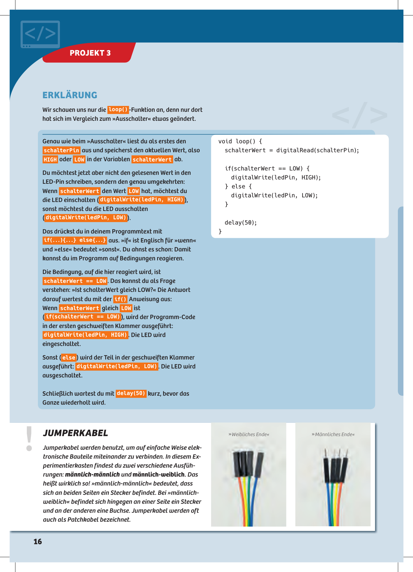 ERKLÄRUNGWir schauen uns nur die l o o p()-Funktion an, denn nur dort hat sich im Vergleich zum »Ausschalter« etwas geändert.void loop() {  schalterWert = digitalRead(schalterPin);  if(schalterWert == LOW) {  digitalWrite(ledPin, HIGH);  } else {  digitalWrite(ledPin, LOW); } delay(50);}Genau wie beim »Ausschalter« liest du als erstes den schalterPin  aus und speicherst den aktuellen Wert, also HIGH  oder  LOW  in der Variablen  schalterWert  ab.Du möchtest jetzt aber nicht den gelesenen Wert in den LED-Pin schreiben, sondern den genau umgekehrten:  Wenn  schalterWert  den Wert  LOW  hat, möchtest du  die LED einschalten ( digitalWrite(ledPin, HIGH) ), sonst möchtest du die LED ausschalten  (digitalWrite(ledPin, LOW) ).Das drückst du in deinem Programmtext mit if(...){...} el s e {...}  aus. »if« ist Englisch für »wenn« und »else« bedeutet »sonst«. Du ahnst es schon: Damit kannst du im Programm auf Bedingungen reagieren.Die Bedingung, auf die hier reagiert wird, ist schalterWert == LOW . Das kannst du als Frage  verstehen: »Ist schalterWert gleich LOW?« Die Antwort  darauf wertest du mit der  if()  Anweisung aus:  Wenn  schalterWert  gleich  LOW  ist  (if(schalterWert == LOW) ), wird der Programm-Code  in der ersten geschweiften Klammer ausgeführt: digitalWrite(ledPin, HIGH) . Die LED wird eingeschaltet.Sonst ( else ) wird der Teil in der geschweiften Klammer ausgeführt:  digitalWrite(ledPin, LOW) . Die LED wird ausgeschaltet. Schließlich wartest du mit  del ay(50)  kurz, bevor das Ganze wiederholt wird.&lt;/&gt;!JUMPERKABELJumperkabel werden benutzt, um auf einfache Weise elek-tronische Bauteile miteinander zu verbinden. In diesem Ex-perimentierkasten findest du zwei verschiedene Ausfüh-rungen: männlich-männlich und männlich-weiblich. Das heißt wirklich so! »männlich-männlich« bedeutet, dass sich an beiden Seiten ein Stecker befindet. Bei »männlich-weiblich« befindet sich hingegen an einer Seite ein Stecker und an der anderen eine Buchse. Jumperkabel werden oft auch als Patchkabel bezeichnet.»Weibliches Ende« »Männliches Ende«PROJEKT 3