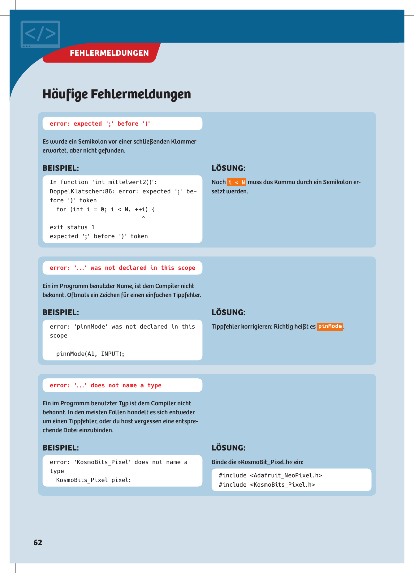 Häufige FehlermeldungenEs wurde ein Semikolon vor einer schließenden Klammer erwartet, aber nicht gefunden.Ein im Programm benutzter Name, ist dem Compiler nichtbekannt. Oftmals ein Zeichen für einen einfachen Tippfehler.Ein im Programm benutzter Typ ist dem Compiler nicht bekannt. In den meisten Fällen handelt es sich entweder um einen Tippfehler, oder du hast vergessen eine entspre-chende Datei einzubinden.error: expected &apos;;&apos; before &apos;)&apos;error: &apos;...&apos; was not declared in this scopeerror: &apos;...&apos; does not name a typeBEISPIEL:BEISPIEL:BEISPIEL:In function &apos;int mittelwert2()&apos;:DoppelKlatscher:86: error: expected &apos;;&apos; be-fore &apos;)&apos; token  for (int i = 0; i &lt; N, ++i) {               ^exit status 1expected &apos;;&apos; before &apos;)&apos; tokenerror: &apos;pinnMode&apos; was not declared in this scope  pinnMode(A1, INPUT);error: &apos;KosmoBits_Pixel&apos; does not name a type  KosmoBits_Pixel pixel; #include &lt;Adafruit_NeoPixel.h&gt;#include &lt;KosmoBits_Pixel.h&gt;LÖSUNG:LÖSUNG:LÖSUNG:Nach  i &lt; N  muss das Komma durch ein Semikolon er-setzt werden.Tippfehler korrigieren: Richtig heißt es  pinMode .Binde die »KosmoBit_Pixel.h« ein:FEHLERMELDUNGEN