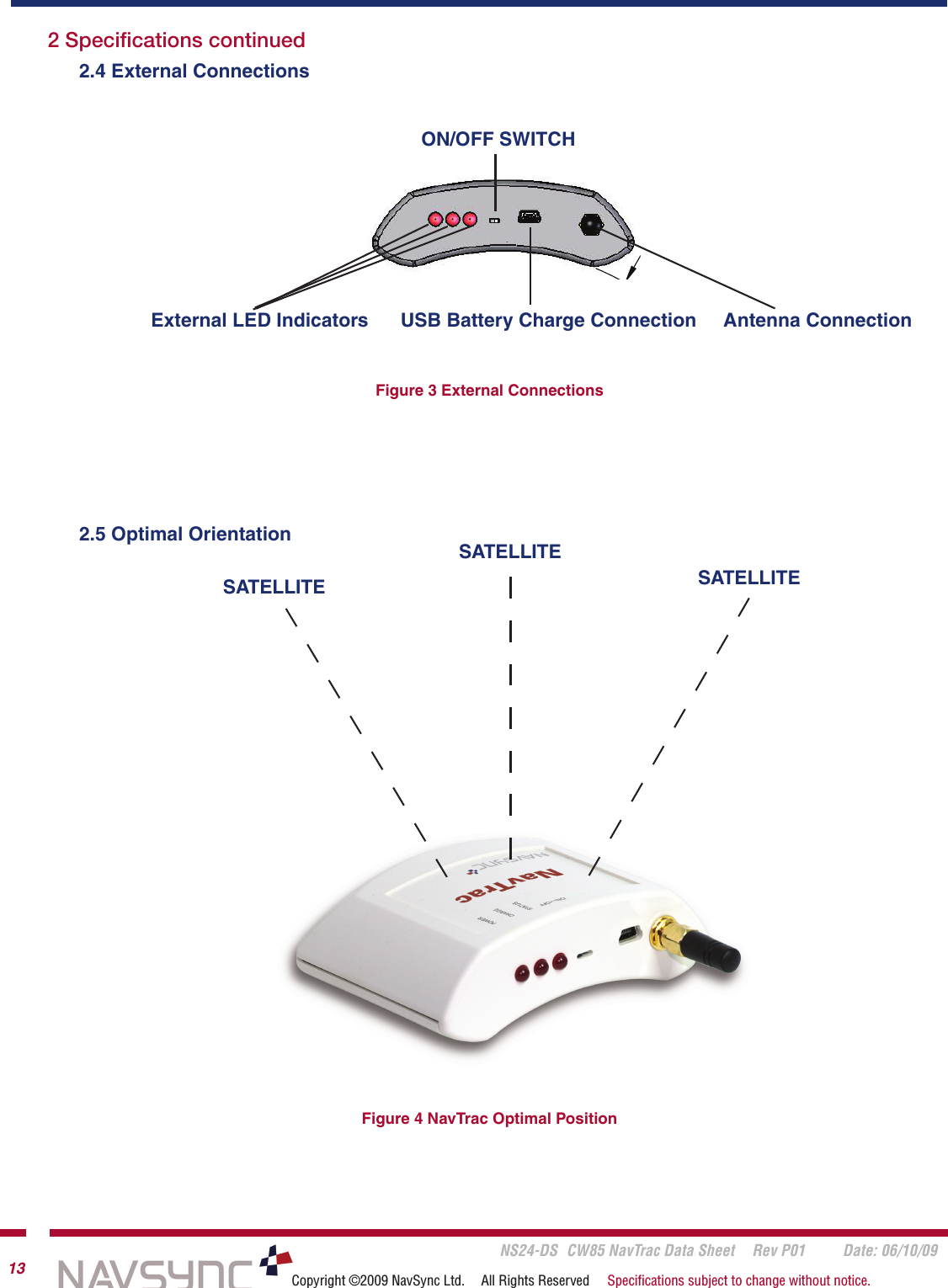       NS24-DS  CW85 NavTrac Data Sheet  Rev P01  Date: 06/10/0913 Copyright ©2009 NavSync Ltd.  All Rights Reserved  Speciﬁcations subject to change without notice.2 Speciﬁcations continued2.4 External Connections2.5 Optimal OrientationDO  NOT  SCALE  DRAWINGFINISHPROPOSED GPS TRACKERMATERIALACONNOR-WINFIELD CORP.  ANY DRAWING IS THE SOLE PROPERTY OFDATEDRAWN BYSIZESCALE:1:2 WEIGHT: PRREV.PROPRIETARY AND CONFIDENTIALTHE INFORMATION CONTAINED IN THISCONNOR-WINFIELD CORP IS PROHIBITED.WITHOUT THE WRITTEN PERMISSION OFREPRODUCTION IN PART OR AS A WHOLEDOC. CONTROLSHEET 1 OF 1ENG APPR.COMMENTS:MFG APPR.DWG.  NO.DIMENSIONS ARE IN MILLIMETERSTOLERANCES:FRACTIONALANGULAR: MACH      BEND TWO PLACE DECIMAL      .05THREE PLACE DECIMAL  NAME1.2531.8379.993.1595.973.78271.0679.993.15R903.54External LED Indicators      USB Battery Charge Connection     Antenna ConnectionON/OFF SWITCHSATELLITESATELLITE SATELLITEFigure 3 External ConnectionsFigure 4 NavTrac Optimal Position