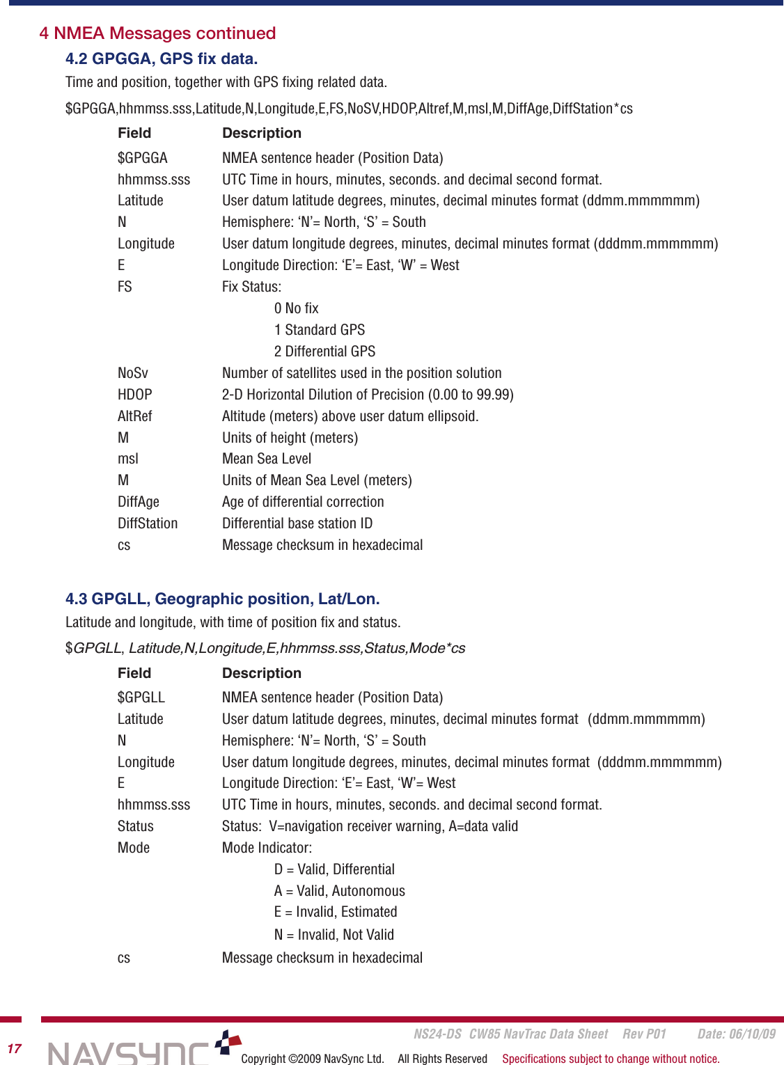       NS24-DS  CW85 NavTrac Data Sheet  Rev P01  Date: 06/10/0917 Copyright ©2009 NavSync Ltd.  All Rights Reserved  Speciﬁcations subject to change without notice.4.2 GPGGA, GPS ﬁx data.Time and position, together with GPS ﬁxing related data.$GPGGA,hhmmss.sss,Latitude,N,Longitude,E,FS,NoSV,HDOP,Altref,M,msl,M,DiffAge,DiffStation*csField   Description$GPGGA   NMEA sentence header (Position Data)hhmmss.sss   UTC Time in hours, minutes, seconds. and decimal second format.Latitude   User datum latitude degrees, minutes, decimal minutes format (ddmm.mmmmmm)N   Hemisphere: ‘N’= North, ‘S’ = SouthLongitude   User datum longitude degrees, minutes, decimal minutes format (dddmm.mmmmmm)E   Longitude Direction: ‘E’= East, ‘W’ = WestFS   Fix Status:    0 No ﬁx    1 Standard GPS    2 Differential GPSNoSv   Number of satellites used in the position solutionHDOP   2-D Horizontal Dilution of Precision (0.00 to 99.99)AltRef   Altitude (meters) above user datum ellipsoid.M   Units of height (meters)msl  Mean Sea LevelM  Units of Mean Sea Level (meters)DiffAge   Age of differential correctionDiffStation   Differential base station IDcs   Message checksum in hexadecimal4.3 GPGLL, Geographic position, Lat/Lon.Latitude and longitude, with time of position ﬁx and status.$GPGLL, Latitude,N,Longitude,E,hhmmss.sss,Status,Mode*csField   Description$GPGLL   NMEA sentence header (Position Data)Latitude   User datum latitude degrees, minutes, decimal minutes format  (ddmm.mmmmmm)N  Hemisphere: ‘N’= North, ‘S’ = SouthLongitude   User datum longitude degrees, minutes, decimal minutes format  (dddmm.mmmmmm)E   Longitude Direction: ‘E’= East, ‘W’= Westhhmmss.sss   UTC Time in hours, minutes, seconds. and decimal second format.Status   Status:  V=navigation receiver warning, A=data validMode  Mode Indicator:    D = Valid, Differential    A = Valid, Autonomous    E = Invalid, Estimated    N = Invalid, Not Validcs   Message checksum in hexadecimal4 NMEA Messages continued