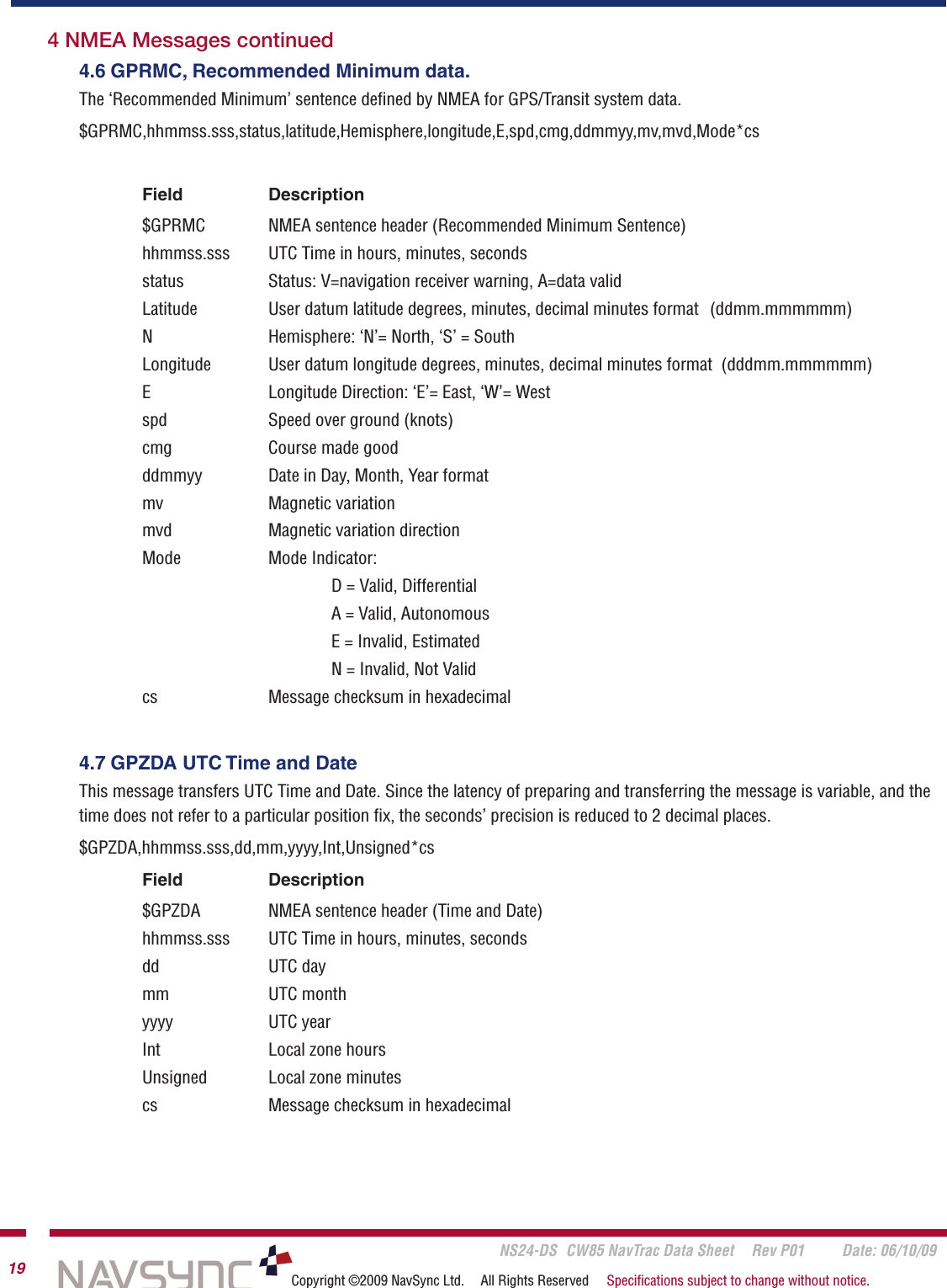       NS24-DS  CW85 NavTrac Data Sheet  Rev P01  Date: 06/10/0919 Copyright ©2009 NavSync Ltd.  All Rights Reserved  Speciﬁcations subject to change without notice.4.6 GPRMC, Recommended Minimum data.The ‘Recommended Minimum’ sentence deﬁned by NMEA for GPS/Transit system data.$GPRMC,hhmmss.sss,status,latitude,Hemisphere,longitude,E,spd,cmg,ddmmyy,mv,mvd,Mode*csField   Description$GPRMC   NMEA sentence header (Recommended Minimum Sentence)hhmmss.sss   UTC Time in hours, minutes, secondsstatus   Status: V=navigation receiver warning, A=data validLatitude   User datum latitude degrees, minutes, decimal minutes format  (ddmm.mmmmmm)N   Hemisphere: ‘N’= North, ‘S’ = SouthLongitude   User datum longitude degrees, minutes, decimal minutes format  (dddmm.mmmmmm)E   Longitude Direction: ‘E’= East, ‘W’= Westspd   Speed over ground (knots)cmg   Course made goodddmmyy   Date in Day, Month, Year formatmv   Magnetic variationmvd  Magnetic variation directionMode  Mode Indicator:    D = Valid, Differential    A = Valid, Autonomous    E = Invalid, Estimated    N = Invalid, Not Validcs   Message checksum in hexadecimal4.7 GPZDA UTC Time and DateThis message transfers UTC Time and Date. Since the latency of preparing and transferring the message is variable, and the time does not refer to a particular position ﬁx, the seconds’ precision is reduced to 2 decimal places.$GPZDA,hhmmss.sss,dd,mm,yyyy,Int,Unsigned*csField     Description$GPZDA    NMEA sentence header (Time and Date)hhmmss.sss   UTC Time in hours, minutes, secondsdd     UTC daymm     UTC monthyyyy     UTC yearInt      Local zone hoursUnsigned   Local zone minutescs     Message checksum in hexadecimal4 NMEA Messages continued