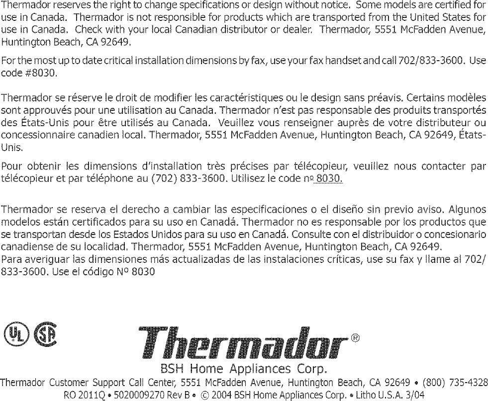 THERMADOR Built In Oven, Electric Manual L0412331