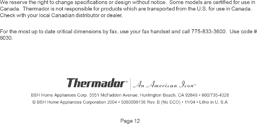 Page 12 of 12 - THERMADOR  Range Hood Manual L0512045