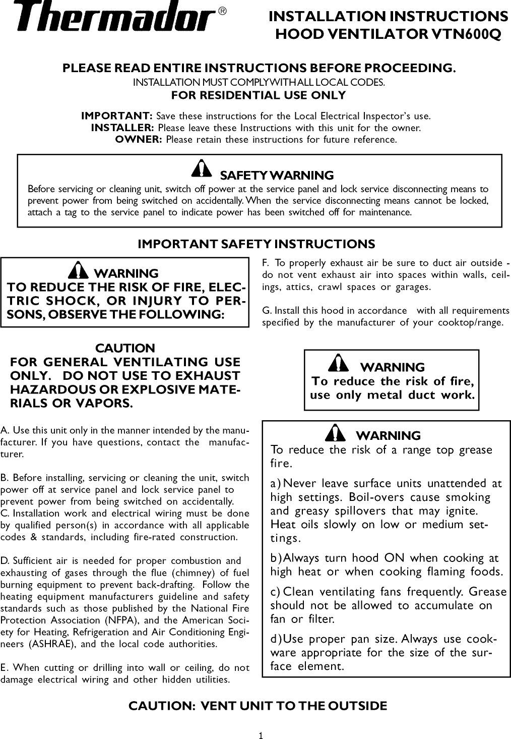THERMADOR Range Hood Manual L0908366