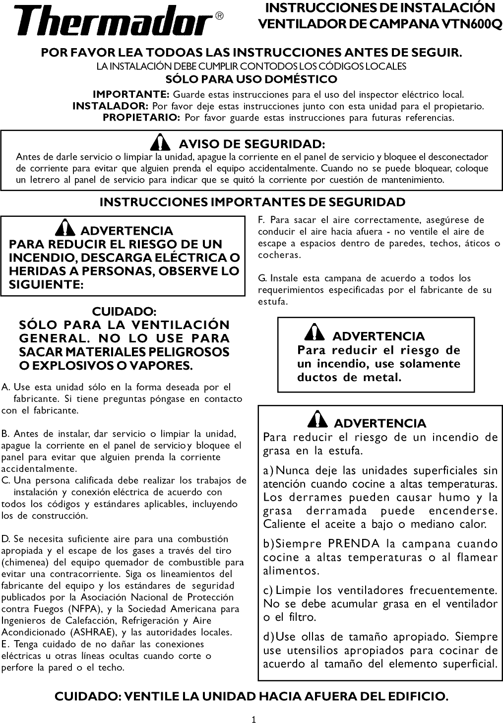 Page 9 of 12 - THERMADOR  Range Hood Manual L0908366