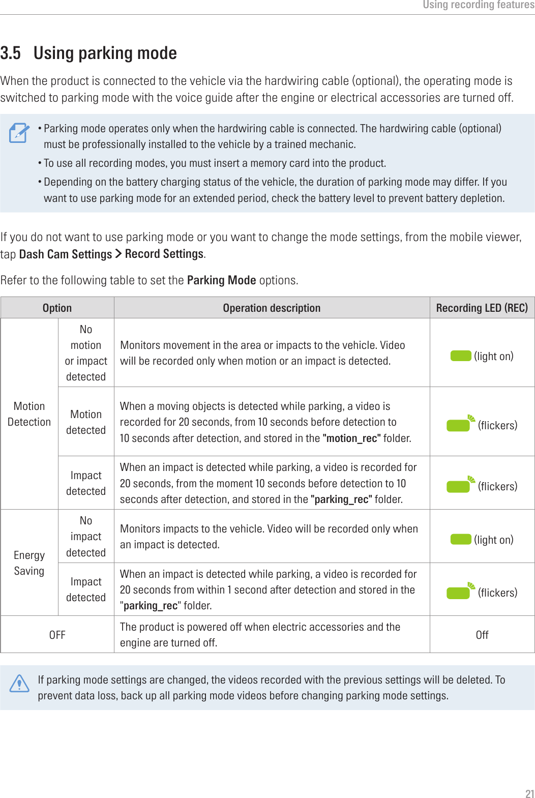 Using recording features213.5  Using parking modeWhen the product is connected to the vehicle via the hardwiring cable (optional), the operating mode is switched to parking mode with the voice guide after the engine or electrical accessories are turned off.•Parking mode operates only when the hardwiring cable is connected. The hardwiring cable (optional) must be professionally installed to the vehicle by a trained mechanic.•To use all recording modes, you must insert a memory card into the product.•Depending on the battery charging status of the vehicle, the duration of parking mode may differ. If you want to use parking mode for an extended period, check the battery level to prevent battery depletion.If you do not want to use parking mode or you want to change the mode settings, from the mobile viewer, tap Dash Cam Settings &gt; Record Settings.Refer to the following table to set the Parking Mode options.Option Operation description Recording LED (REC)Motion DetectionNo motion or impact detectedMonitors movement in the area or impacts to the vehicle. Video will be recorded only when motion or an impact is detected.  (light on)Motion detectedWhen a moving objects is detected while parking, a video is recorded for 20 seconds, from 10 seconds before detection to  10 seconds after detection, and stored in the &quot;motion_rec&quot; folder.  (flickers)Impact detectedWhen an impact is detected while parking, a video is recorded for 20 seconds, from the moment 10 seconds before detection to 10 seconds after detection, and stored in the &quot;parking_rec&quot; folder.  (flickers)Energy SavingNo impact detectedMonitors impacts to the vehicle. Video will be recorded only when an impact is detected.  (light on)Impact detectedWhen an impact is detected while parking, a video is recorded for 20 seconds from within 1 second after detection and stored in the &quot;parking_rec&quot; folder.  (flickers)OFF The product is powered off when electric accessories and the engine are turned off. OffIf parking mode settings are changed, the videos recorded with the previous settings will be deleted. To prevent data loss, back up all parking mode videos before changing parking mode settings.
