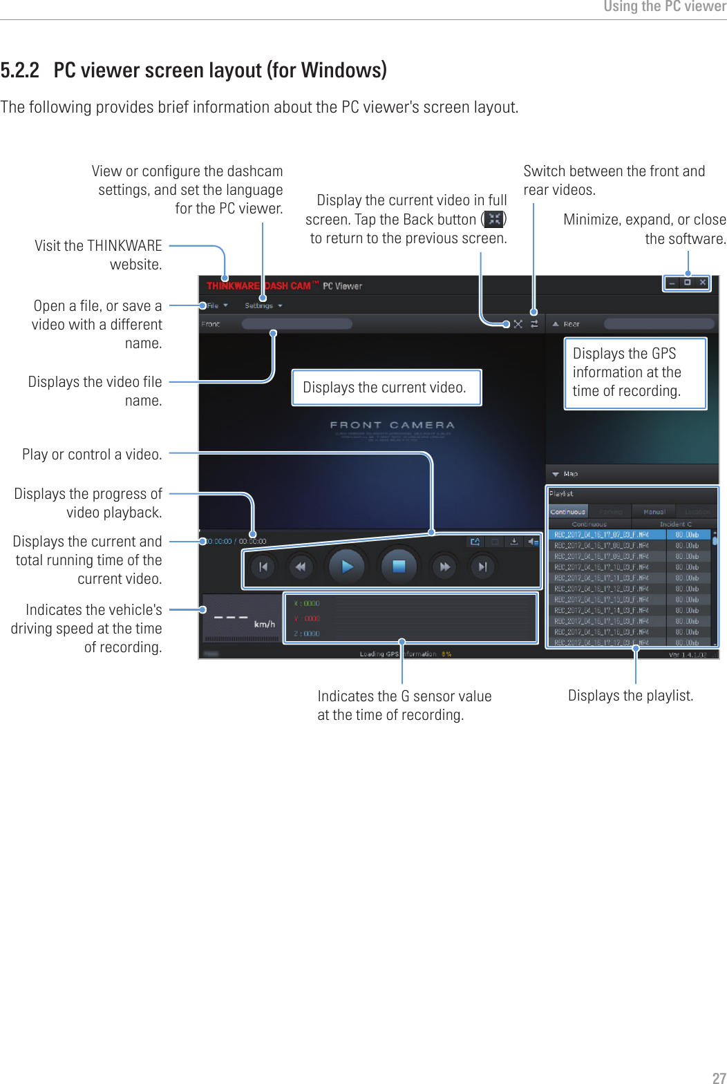 Using the PC viewer275.2.2  PC viewer screen layout (for Windows)The following provides brief information about the PC viewer&apos;s screen layout.Visit the THINKWARE website.View or configure the dashcam settings, and set the language for the PC viewer. Open a file, or save a video with a different name.Displays the current and total running time of the current video. Indicates the vehicle&apos;s driving speed at the time of recording.Displays the progress of video playback. Play or control a video.Displays the video file name.Display the current video in full screen. Tap the Back button ( ) to return to the previous screen.Switch between the front and rear videos.Displays the playlist.Indicates the G sensor value at the time of recording.Minimize, expand, or close the software.Displays the current video.Displays the GPS information at the time of recording.