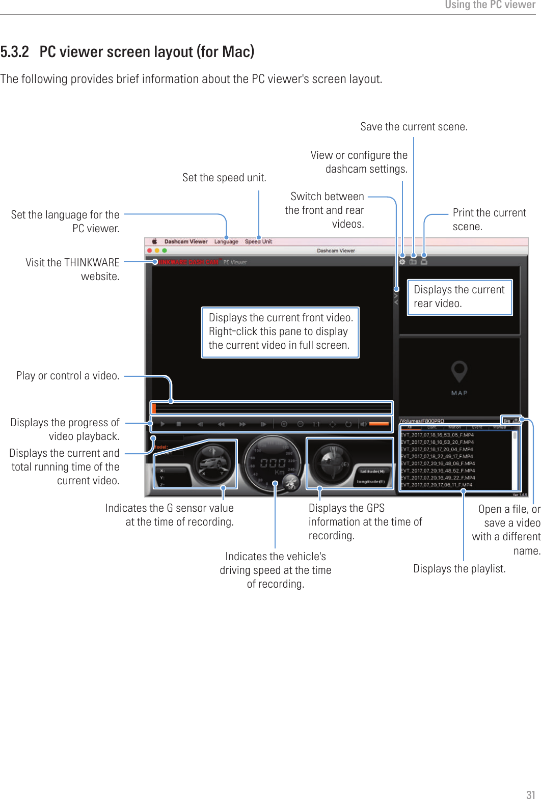 Using the PC viewer315.3.2  PC viewer screen layout (for Mac)The following provides brief information about the PC viewer&apos;s screen layout.Visit the THINKWARE website.View or configure the dashcam settings.Displays the current and total running time of the current video. Indicates the vehicle&apos;s driving speed at the time of recording.Displays the progress of video playback. Play or control a video.Switch between the front and rear videos.Displays the playlist.Displays the current front video. Right-click this pane to display the current video in full screen.Displays the current rear video.Displays the GPS information at the time of recording.Save the current scene. Print the current scene. Indicates the G sensor value at the time of recording. Open a file, or save a video with a different name. Set the language for the PC viewer.Set the speed unit.