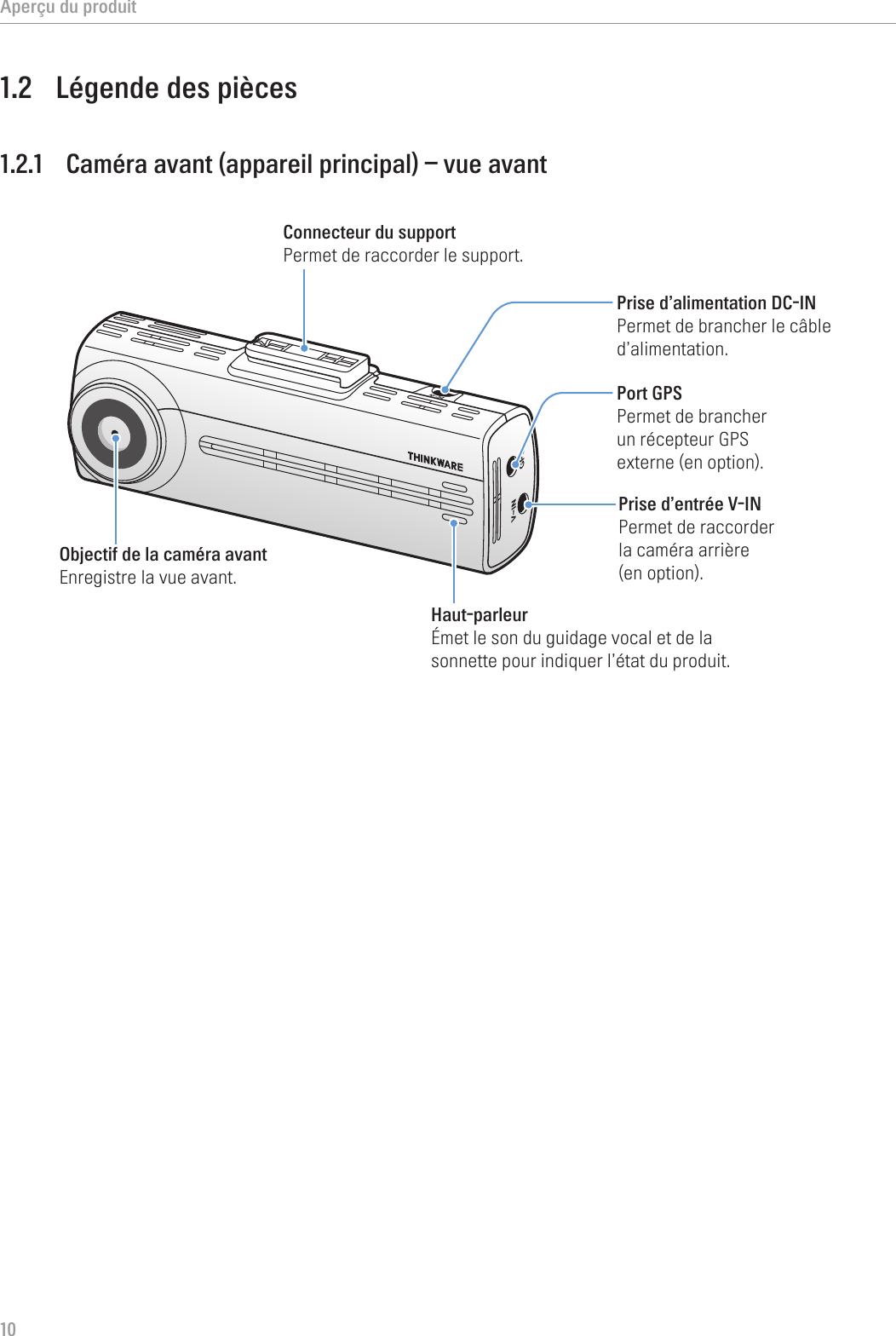 Aperçu du produit101.2  Légende des pièces1.2.1  Caméra avant (appareil principal) – vue avantPrise d’alimentation DC-IN Permet de brancher le câble d’alimentation.Port GPS Permet de brancher un récepteur GPS externe (en option).Prise d’entrée V-IN Permet de raccorder la caméra arrière  (en option). Haut-parleur Émet le son du guidage vocal et de la sonnette pour indiquer l’état du produit.Objectif de la caméra avant Enregistre la vue avant.Connecteur du support Permet de raccorder le support. 