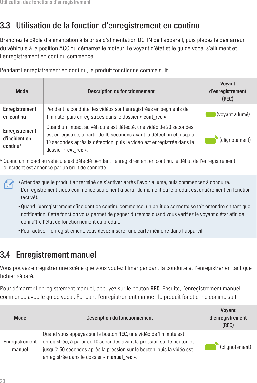 Utilisation des fonctions d’enregistrement203.3  Utilisation de la fonction d’enregistrement en continuBranchez le câble d’alimentation à la prise d’alimentation DC-IN de l’appareil, puis placez le démarreur du véhicule à la position ACC ou démarrez le moteur. Le voyant d’état et le guide vocal s’allument et l’enregistrement en continu commence.Pendant l’enregistrement en continu, le produit fonctionne comme suit.Mode Description du fonctionnementVoyant d’enregistrement (REC)Enregistrement en continu Pendant la conduite, les vidéos sont enregistrées en segments de 1 minute, puis enregistrées dans le dossier « cont_rec ».  (voyant allumé)Enregistrement d’incident en continu*Quand un impact au véhicule est détecté, une vidéo de 20 secondes est enregistrée, à partir de 10 secondes avant la détection et jusqu’à 10 secondes après la détection, puis la vidéo est enregistrée dans le dossier « evt_rec ». (clignotement)*  Quand un impact au véhicule est détecté pendant l’enregistrement en continu, le début de l’enregistrement d’incident est annoncé par un bruit de sonnette.•Attendez que le produit ait terminé de s’activer après l’avoir allumé, puis commencez à conduire. L’enregistrement vidéo commence seulement à partir du moment où le produit est entièrement en fonction (activé).•Quand l’enregistrement d’incident en continu commence, un bruit de sonnette se fait entendre en tant que notification. Cette fonction vous permet de gagner du temps quand vous vérifiez le voyant d’état afin de connaître l’état de fonctionnement du produit.•Pour activer l’enregistrement, vous devez insérer une carte mémoire dans l’appareil.3.4  Enregistrement manuelVous pouvez enregistrer une scène que vous voulez filmer pendant la conduite et l’enregistrer en tant que fichier séparé.Pour démarrer l’enregistrement manuel, appuyez sur le bouton REC. Ensuite, l’enregistrement manuel commence avec le guide vocal. Pendant l’enregistrement manuel, le produit fonctionne comme suit.Mode Description du fonctionnementVoyant d’enregistrement (REC)Enregistrement manuelQuand vous appuyez sur le bouton REC, une vidéo de 1 minute est enregistrée, à partir de 10 secondes avant la pression sur le bouton et jusqu’à 50 secondes après la pression sur le bouton, puis la vidéo est enregistrée dans le dossier « manual_rec ».  (clignotement)