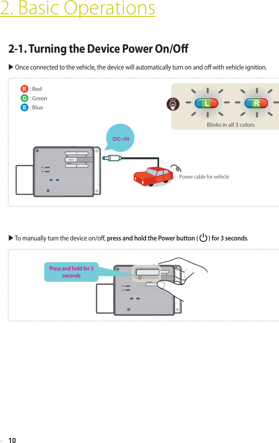 10X To manually turn the device on/o, press and hold the Power button (   ) for 3 seconds.2. Basic Operations2-1. Turning the Device Power On/OX Once connected to the vehicle, the device will automatically turn on and o with vehicle ignition. : Red : Green : BluePower cable for vehicleBlinks in all 3 colorsPress and hold for 3 seconds