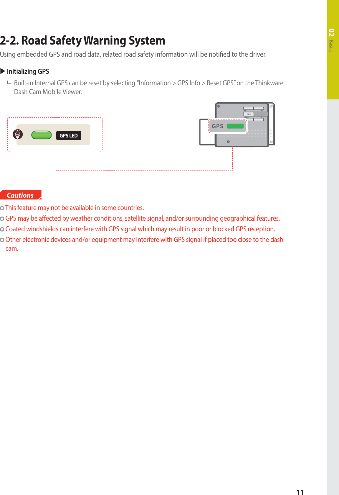 11Basics022-2. Road Safety Warning System  Using embedded GPS and road data, related road safety information will be notied to the driver. This feature may not be available in some countries. GPS may be aected by weather conditions, satellite signal, and/or surrounding geographical features.  Coated windshields can interfere with GPS signal which may result in poor or blocked GPS reception.   Other electronic devices and/or equipment may interfere with GPS signal if placed too close to the dash cam.CautionsGPS LEDX Initializing GPS    Built-in Internal GPS can be reset by selecting &quot;Information &gt; GPS Info &gt; Reset GPS” on the Thinkware Dash Cam Mobile Viewer.