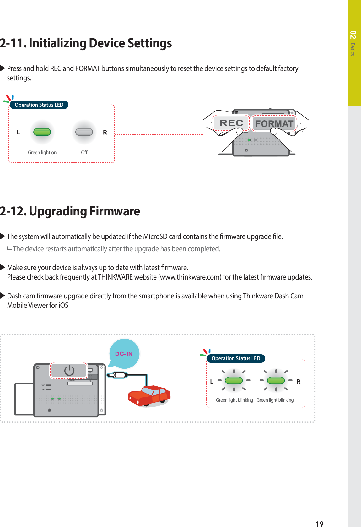 19Basics02X The system will automatically be updated if the MicroSD card contains the rmware upgrade le.   The device restarts automatically after the upgrade has been completed.X  Make sure your device is always up to date with latest rmware.   Please check back frequently at THINKWARE website (www.thinkware.com) for the latest rmware updates.X  Dash cam rmware upgrade directly from the smartphone is available when using Thinkware Dash Cam Mobile Viewer for iOS 2-12. Upgrading FirmwareGreen light blinking Green light blinkingOperation Status LEDX  Press and hold REC and FORMAT buttons simultaneously to reset the device settings to default factory settings.2-11. Initializing Device SettingsOGreen light onOperation Status LED