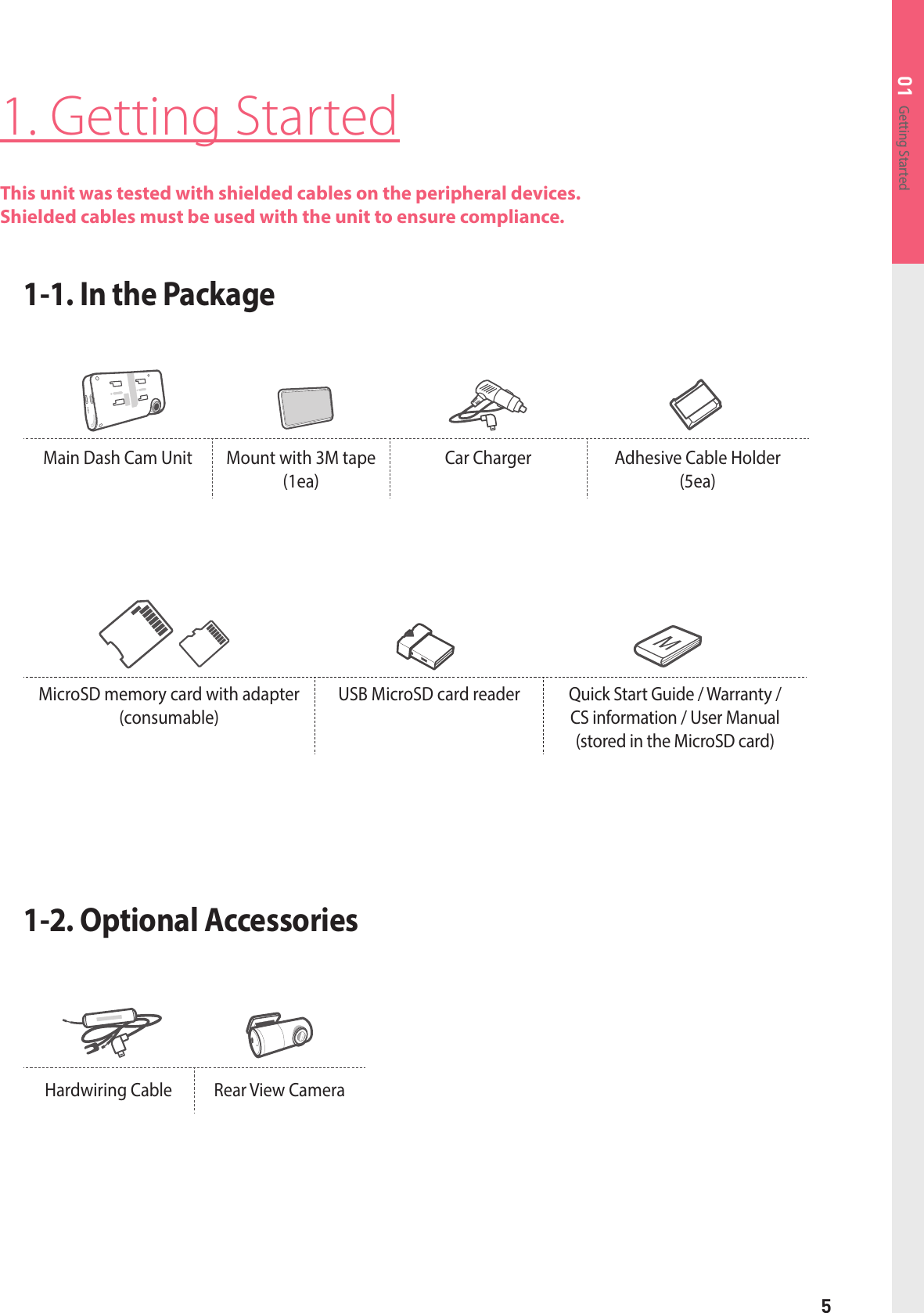5Getting Started01MicroSD memory card with adapter(consumable)USB MicroSD card reader Quick Start Guide / Warranty / CS information / User Manual  (stored in the MicroSD card)1. Getting StartedThis unit was tested with shielded cables on the peripheral devices. Shielded cables must be used with the unit to ensure compliance.1-1. In the Package 1-2. Optional AccessoriesMain Dash Cam Unit  Mount with 3M tape (1ea)Car Charger  Adhesive Cable Holder  (5ea)Hardwiring Cable  Rear View Camera
