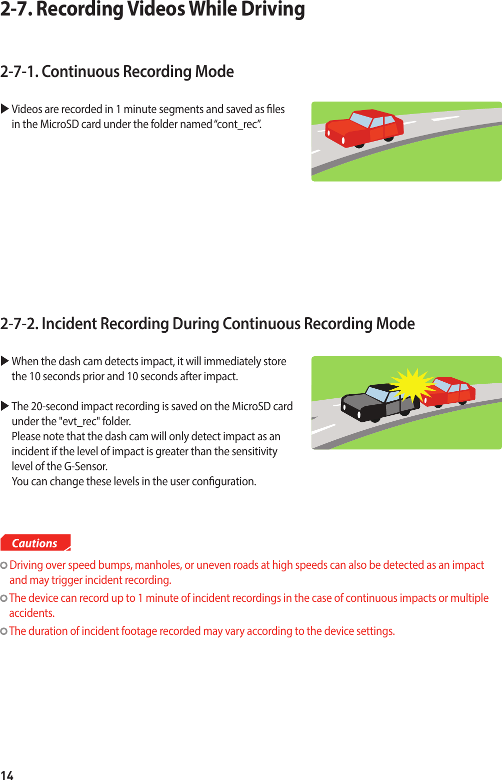 142-7-1. Continuous Recording Mode  Videos are recorded in 1 minute segments and saved as les in the MicroSD card under the folder named “cont_rec”.2-7-2. Incident Recording During Continuous Recording Mode   When the dash cam detects impact, it will immediately store the 10 seconds prior and 10 seconds after impact.  The 20-second impact recording is saved on the MicroSD card under the &quot;evt_rec&quot; folder.  Please note that the dash cam will only detect impact as an incident if the level of impact is greater than the sensitivity level of the G-Sensor. You can change these levels in the user conguration.2-7. Recording Videos While Driving  Driving over speed bumps, manholes, or uneven roads at high speeds can also be detected as an impact and may trigger incident recording.  The device can record up to 1 minute of incident recordings in the case of continuous impacts or multiple accidents.   The duration of incident footage recorded may vary according to the device settings.Cautions