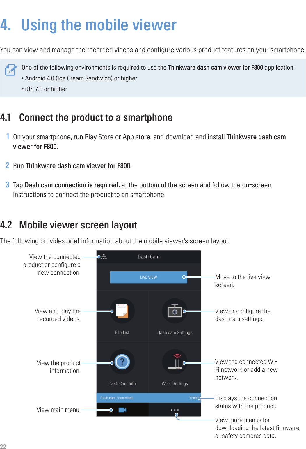 224.  Using the mobile viewerYou can view and manage the recorded videos and configure various product features on your smartphone. One of the following environments is required to use the Thinkware dash cam viewer for F800 application:•Android 4.0 (Ice Cream Sandwich) or higher•iOS 7.0 or higher4.1  Connect the product to a smartphone1 On your smartphone, run Play Store or App store, and download and install Thinkware dash cam viewer for F800.2 Run Thinkware dash cam viewer for F800.3 Tap Dash cam connection is required. at the bottom of the screen and follow the on-screen instructions to connect the product to an smartphone.4.2  Mobile viewer screen layoutThe following provides brief information about the mobile viewer’s screen layout.View or configure the dash cam settings.View the connected Wi-Fi network or add a new network.Displays the connection status with the product.View more menus for downloading the latest firmware or safety cameras data. Move to the live view screen.View the connected product or configure a new connection.View and play the recorded videos.View main menu.View the product information.