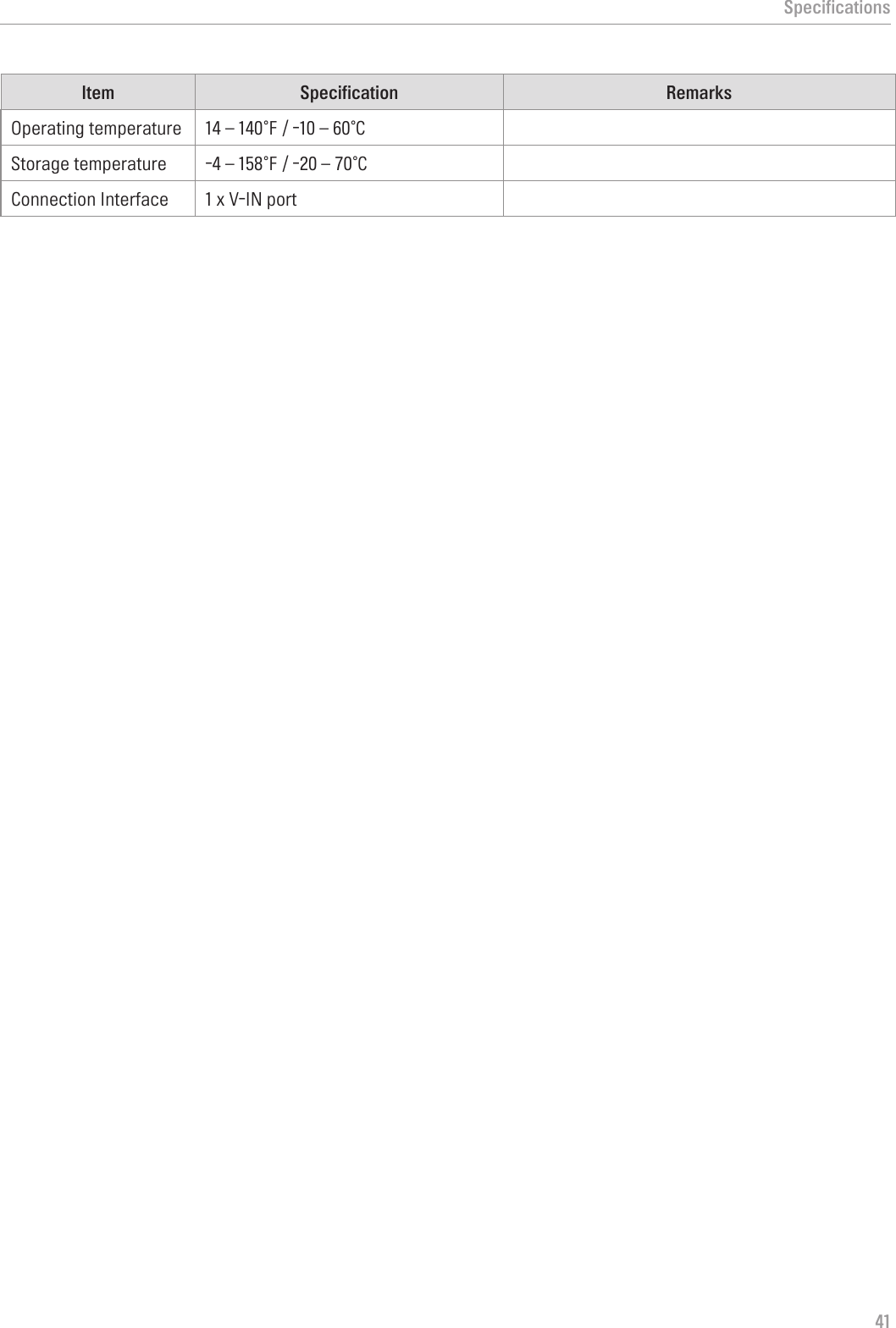 Specifications41Item Specification RemarksOperating temperature 14–140℉/-10–60℃Storage temperature -4–158℉/-20–70℃Connection Interface 1 x V-IN port