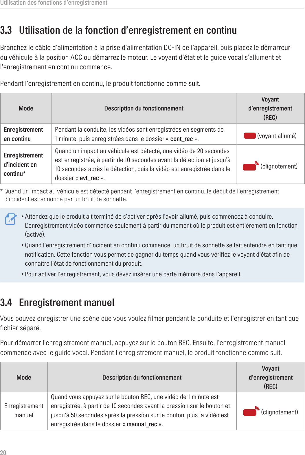 Utilisation des fonctions d’enregistrement203.3  Utilisation de la fonction d’enregistrement en continuBranchez le câble d’alimentation à la prise d’alimentation DC-IN de l’appareil, puis placez le démarreur du véhicule à la position ACC ou démarrez le moteur. Le voyant d’état et le guide vocal s’allument et l’enregistrement en continu commence.Pendant l’enregistrement en continu, le produit fonctionne comme suit.Mode Description du fonctionnementVoyant d’enregistrement (REC)Enregistrement en continu Pendant la conduite, les vidéos sont enregistrées en segments de 1 minute, puis enregistrées dans le dossier « cont_rec ».  (voyant allumé)Enregistrement d’incident en continu*Quand un impact au véhicule est détecté, une vidéo de 20 secondes est enregistrée, à partir de 10 secondes avant la détection et jusqu’à 10 secondes après la détection, puis la vidéo est enregistrée dans le dossier « evt_rec ». (clignotement)*  Quand un impact au véhicule est détecté pendant l’enregistrement en continu, le début de l’enregistrement d’incident est annoncé par un bruit de sonnette.•Attendez que le produit ait terminé de s’activer après l’avoir allumé, puis commencez à conduire. L’enregistrement vidéo commence seulement à partir du moment où le produit est entièrement en fonction (activé).•Quand l’enregistrement d’incident en continu commence, un bruit de sonnette se fait entendre en tant que notification. Cette fonction vous permet de gagner du temps quand vous vérifiez le voyant d’état afin de connaître l’état de fonctionnement du produit.•Pour activer l’enregistrement, vous devez insérer une carte mémoire dans l’appareil.3.4  Enregistrement manuelVous pouvez enregistrer une scène que vous voulez filmer pendant la conduite et l’enregistrer en tant que fichier séparé.Pour démarrer l’enregistrement manuel, appuyez sur le bouton REC. Ensuite, l’enregistrement manuel commence avec le guide vocal. Pendant l’enregistrement manuel, le produit fonctionne comme suit.Mode Description du fonctionnementVoyant d’enregistrement (REC)Enregistrement manuelQuand vous appuyez sur le bouton REC, une vidéo de 1 minute est enregistrée, à partir de 10 secondes avant la pression sur le bouton et jusqu’à 50 secondes après la pression sur le bouton, puis la vidéo est enregistrée dans le dossier « manual_rec ».  (clignotement)