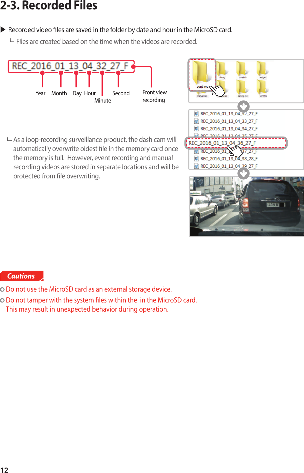 12 Recorded video les are saved in the folder by date and hour in the MicroSD card.┗Files are created based on the time when the videos are recorded.  As a loop-recording surveillance product, the dash cam will automatically overwrite oldest le in the memory card once the memory is full.  However, event recording and manual recording videos are stored in separate locations and will be protected from le overwriting.2-3. Recorded FilesFront view  recording Do not use the MicroSD card as an external storage device.  Do not tamper with the system les within the  in the MicroSD card.  This may result in unexpected behavior during operation.CautionsYear  Month  Day HourMinuteSecond