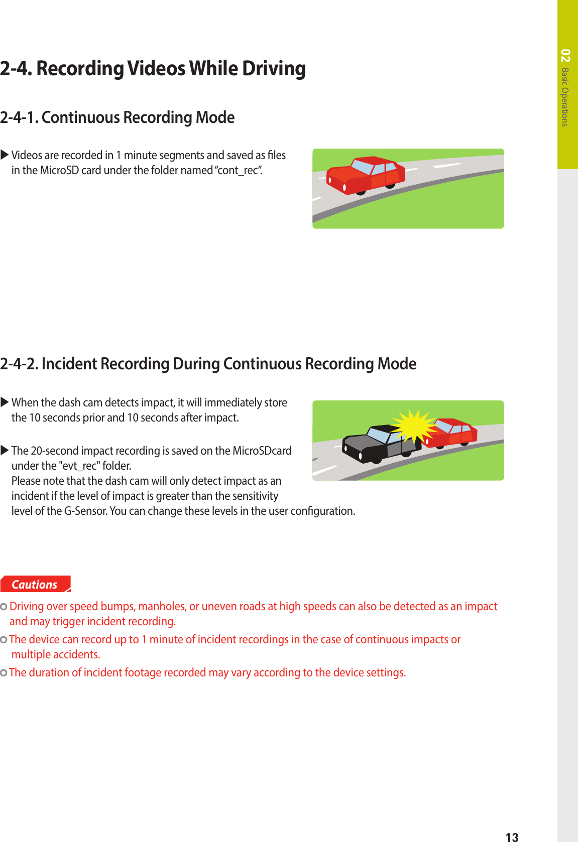 13Basic Operations022-4. Recording Videos While Driving  Driving over speed bumps, manholes, or uneven roads at high speeds can also be detected as an impact and may trigger incident recording.  The device can record up to 1 minute of incident recordings in the case of continuous impacts or  multiple accidents.   The duration of incident footage recorded may vary according to the device settings.Cautions2-4-2.  Incident Recording During Continuous Recording Mode  When the dash cam detects impact, it will immediately store  the 10 seconds prior and 10 seconds after impact.      The 20-second impact recording is saved on the MicroSDcard  under the &quot;evt_rec&quot; folder.  Please note that the dash cam will only detect impact as an  incident if the level of impact is greater than the sensitivity  level of the G-Sensor. You can change these levels in the user conguration.2-4-1. Continuous Recording Mode  Videos are recorded in 1 minute segments and saved as les in the MicroSD card under the folder named “cont_rec”.  